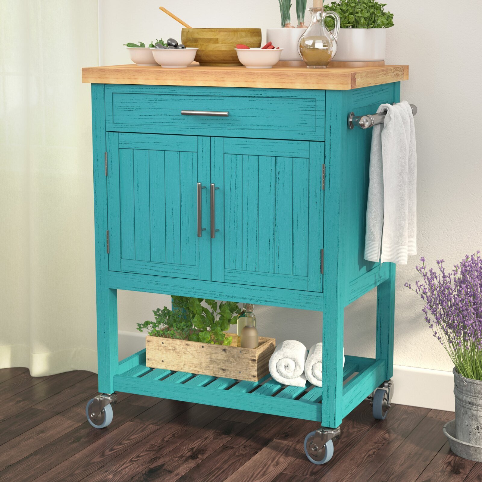 Compact Blue Rolling Kitchen Cart