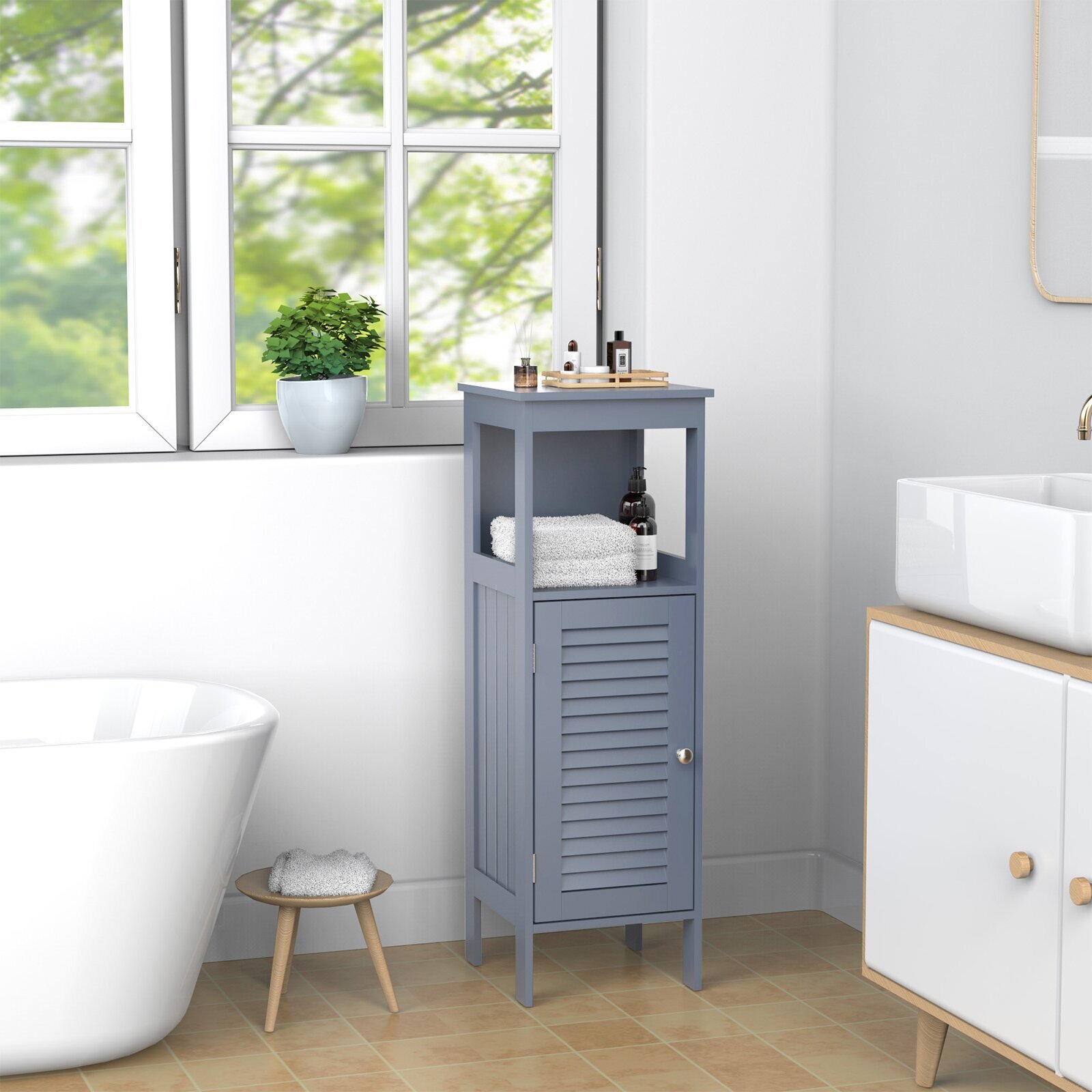 Compact Slatted Wood Freestanding Cabinet