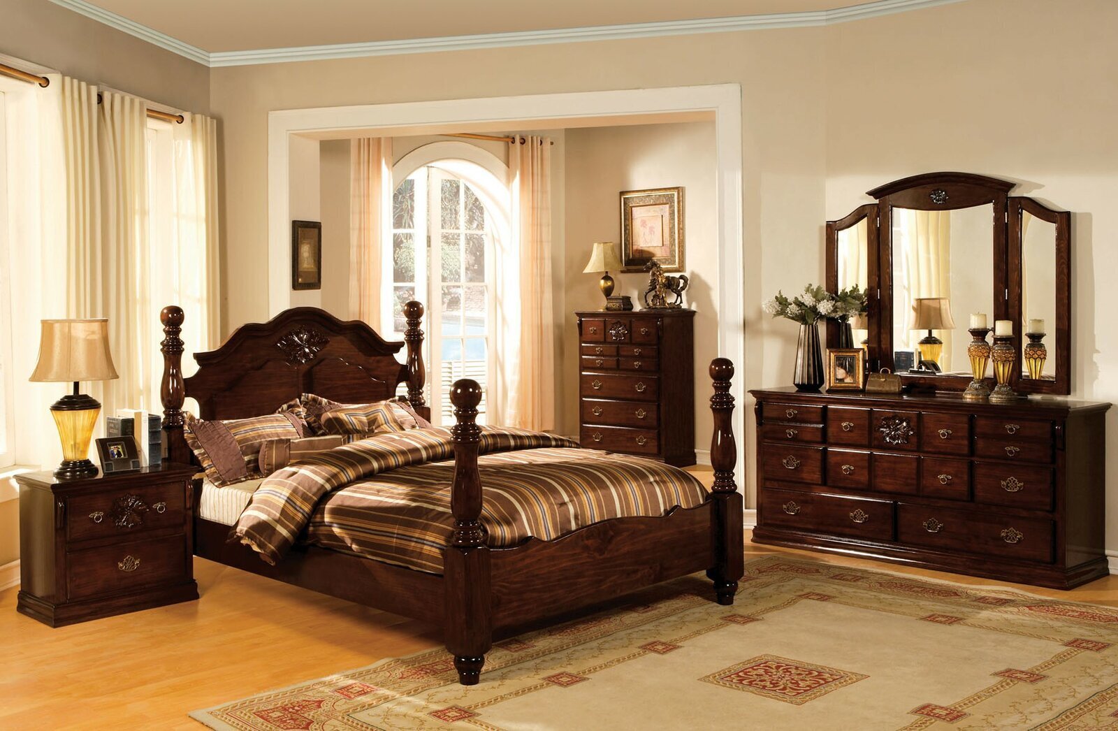Configurable Dark Wood Low Profile Four Poster Bedroom Set
