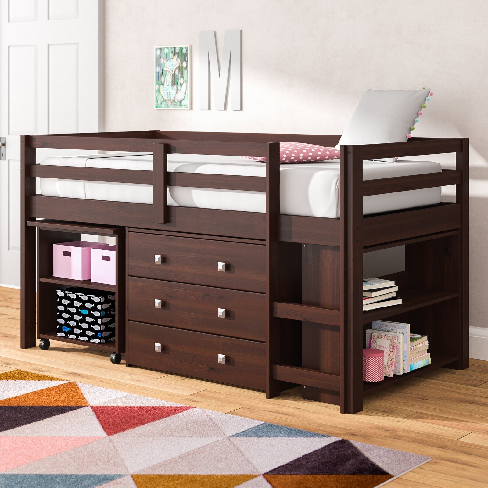 Contained Dark Wood Loft Bed With Internal Storage 