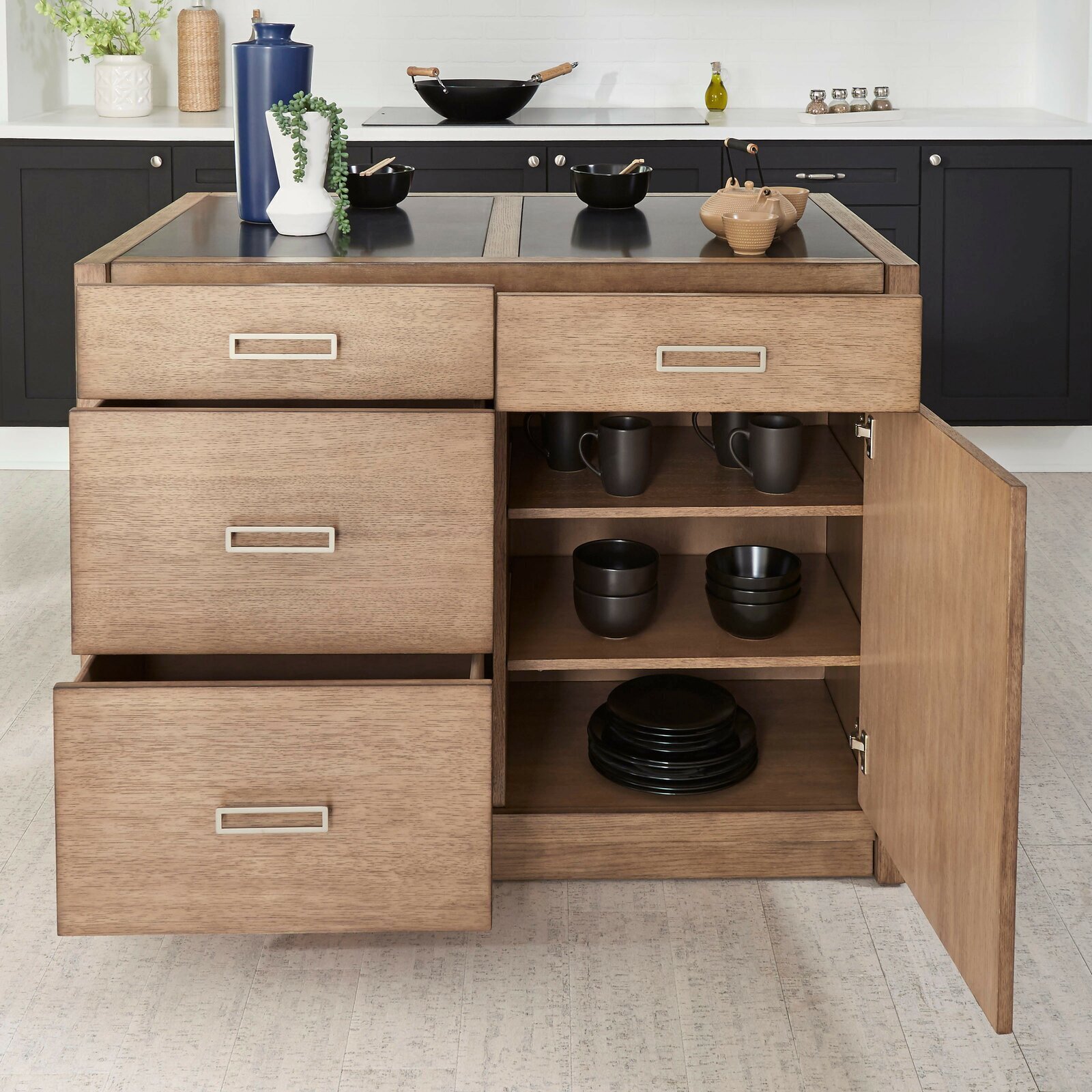 Contemporary kitchen island with paneled granite top
