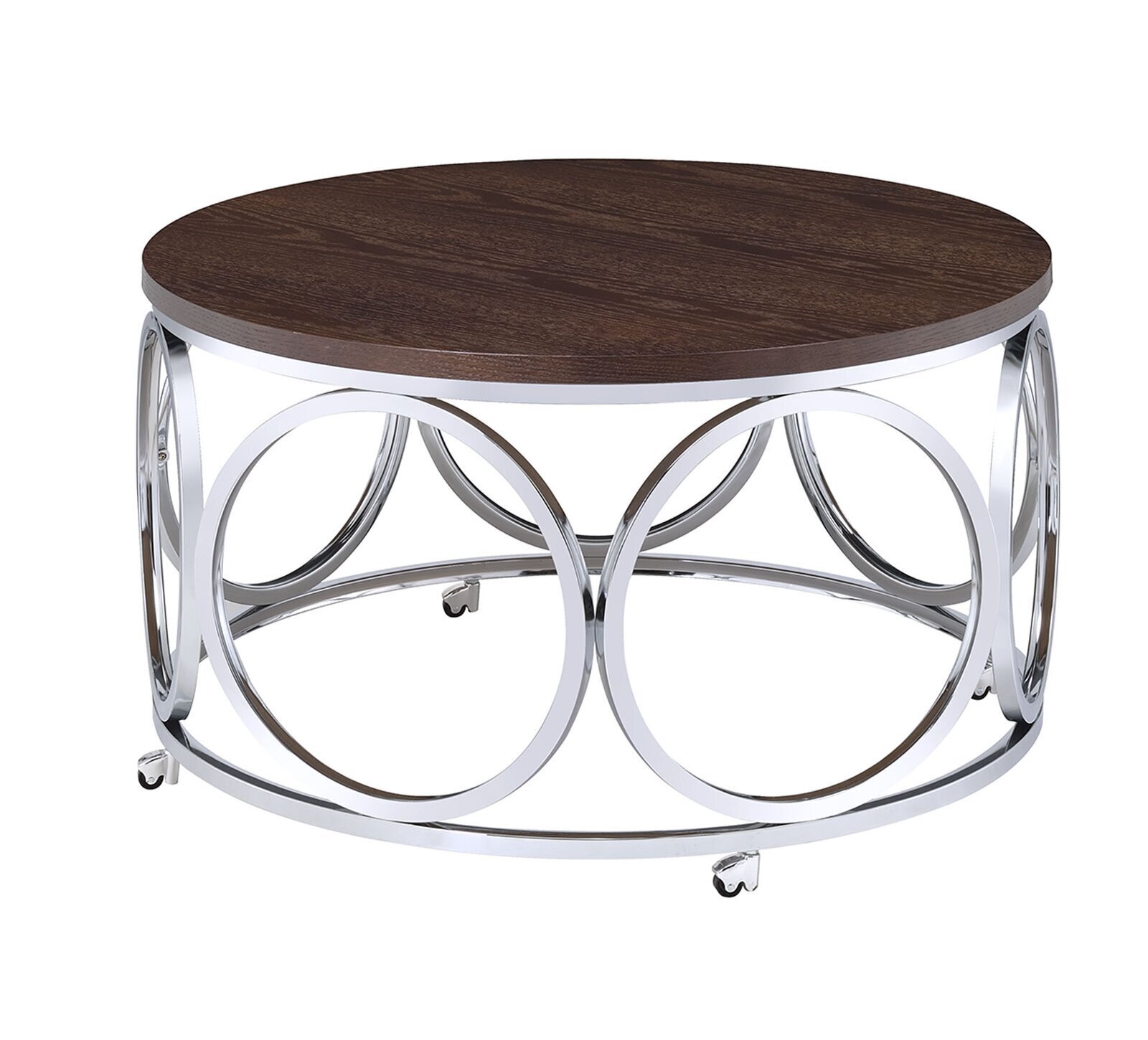 Contemporary Round Chrome Coffee Table With Wood Tabletop