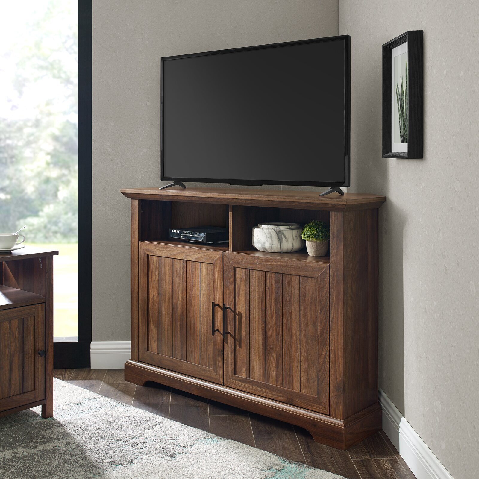 Corner TV Stand with Slat Cabinets