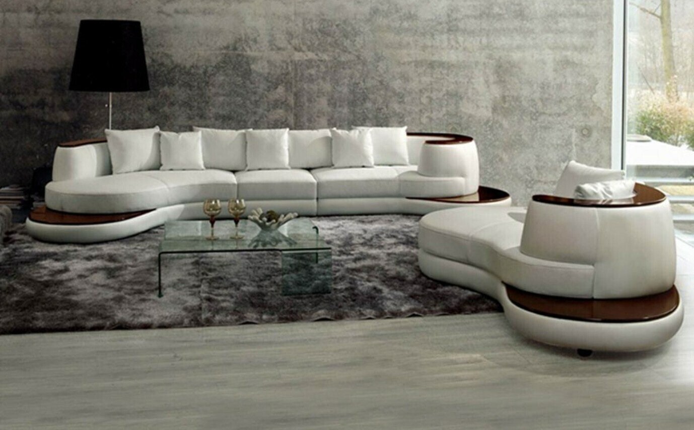 Curved Leather Sectional Sofa with Wood Panels