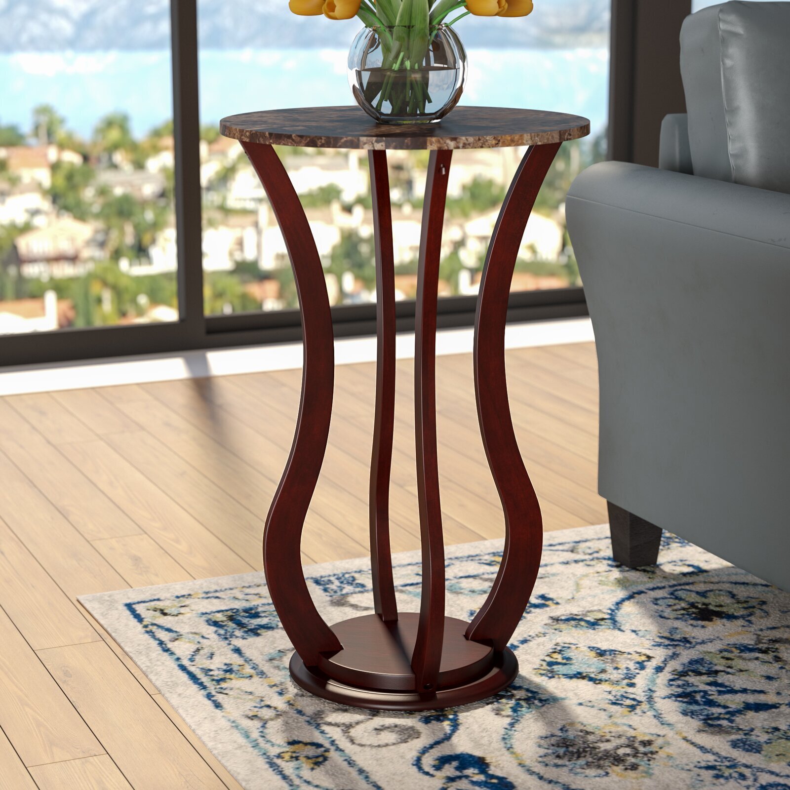 Dark Cherry Wood And Marble Top Plant Pedestal 