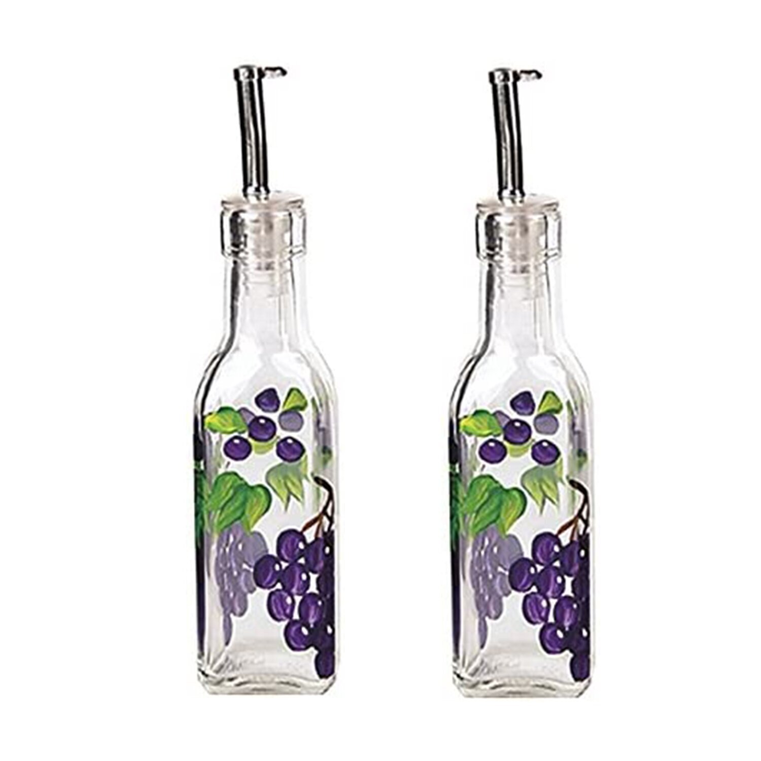 Decorative oil and vinegar bottles with fruit motifs