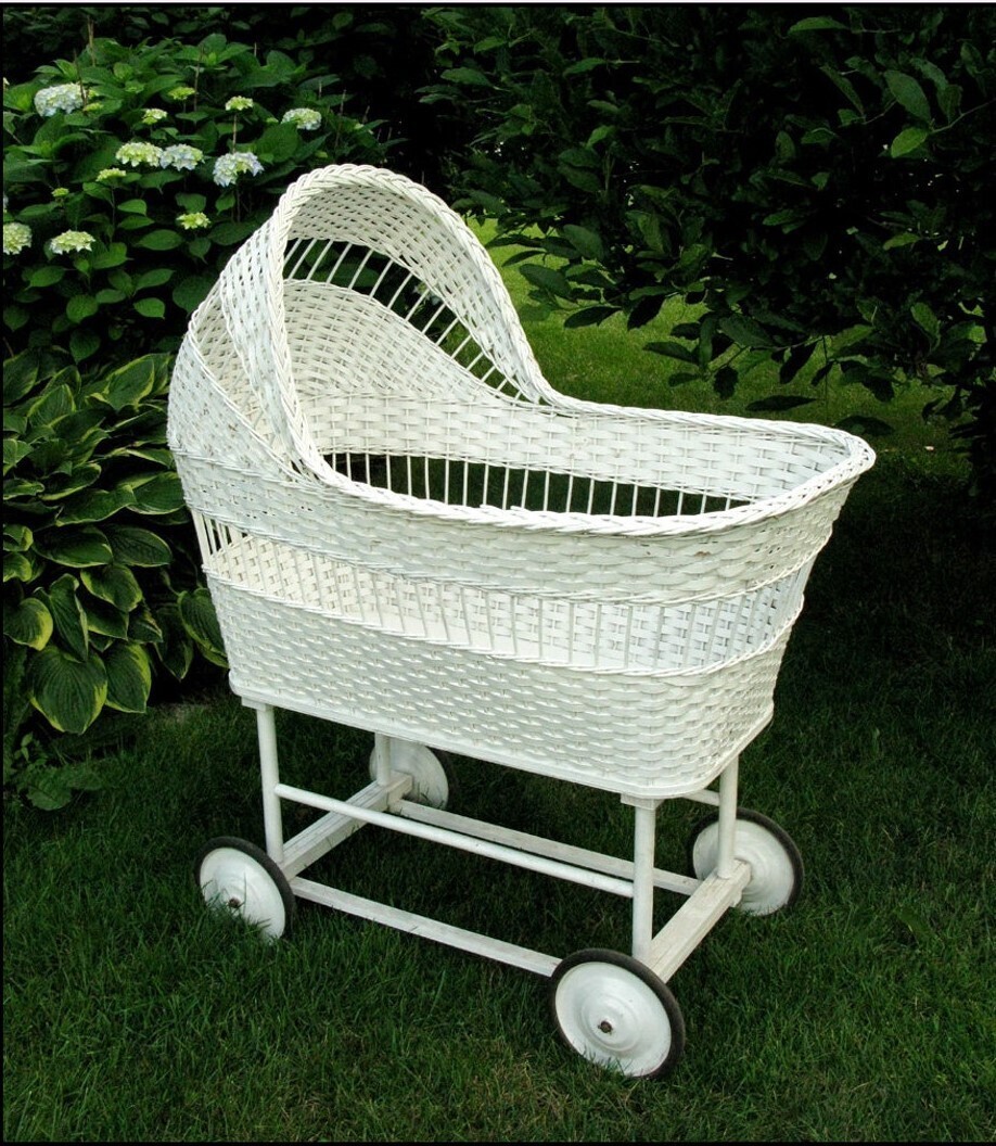 Deep Vintage Baby Bassinet with Large Wheels