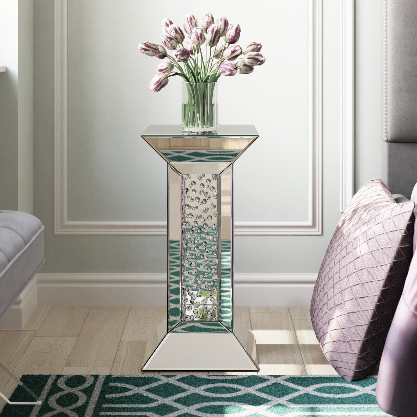 Diamond and Crystal Covered Silver Mirror Table
