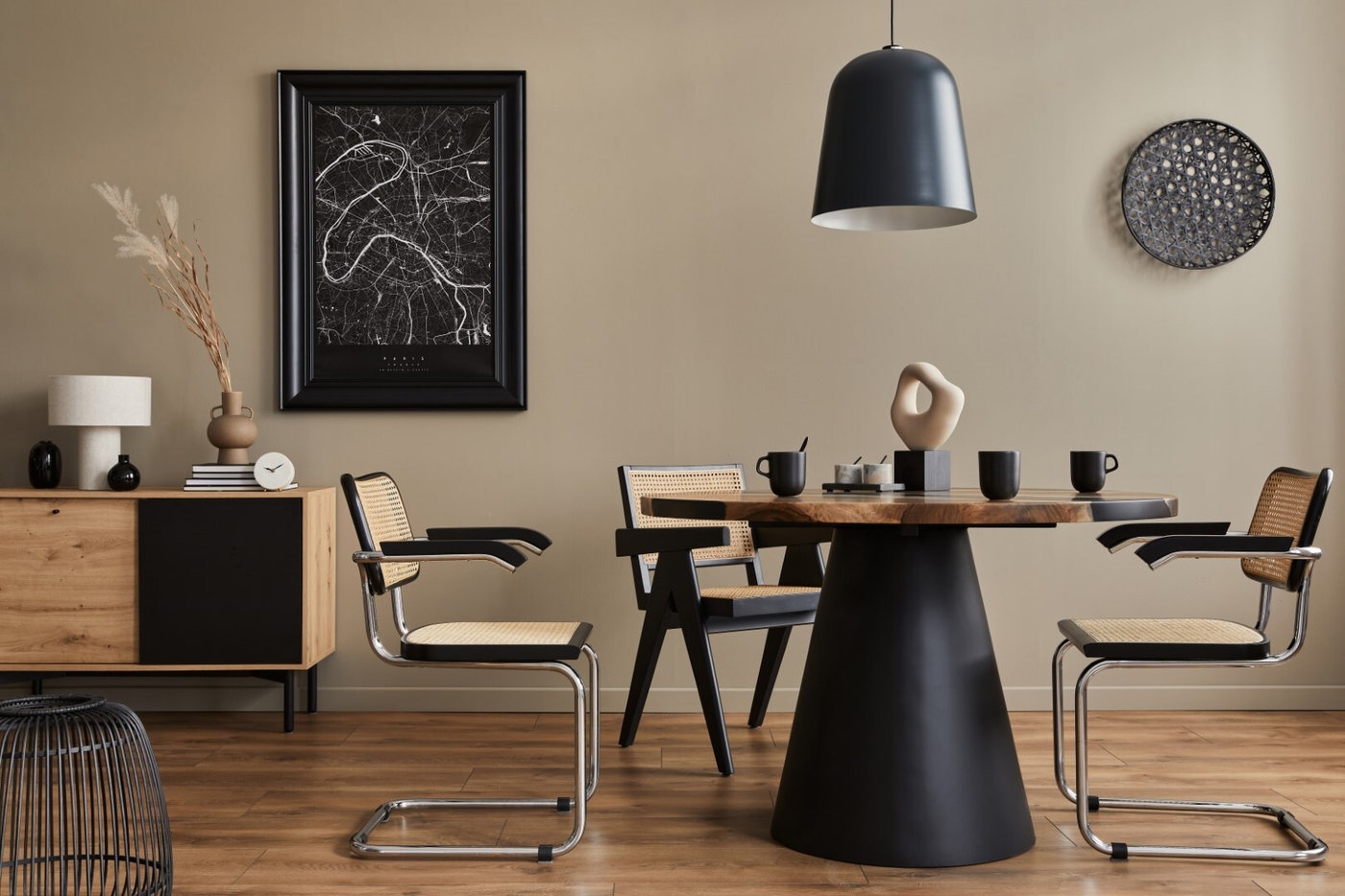 Dining room interior with design wooden table