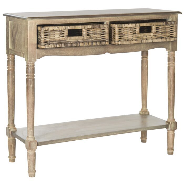 Distressed Finish Slim Storage Table With Baskets 