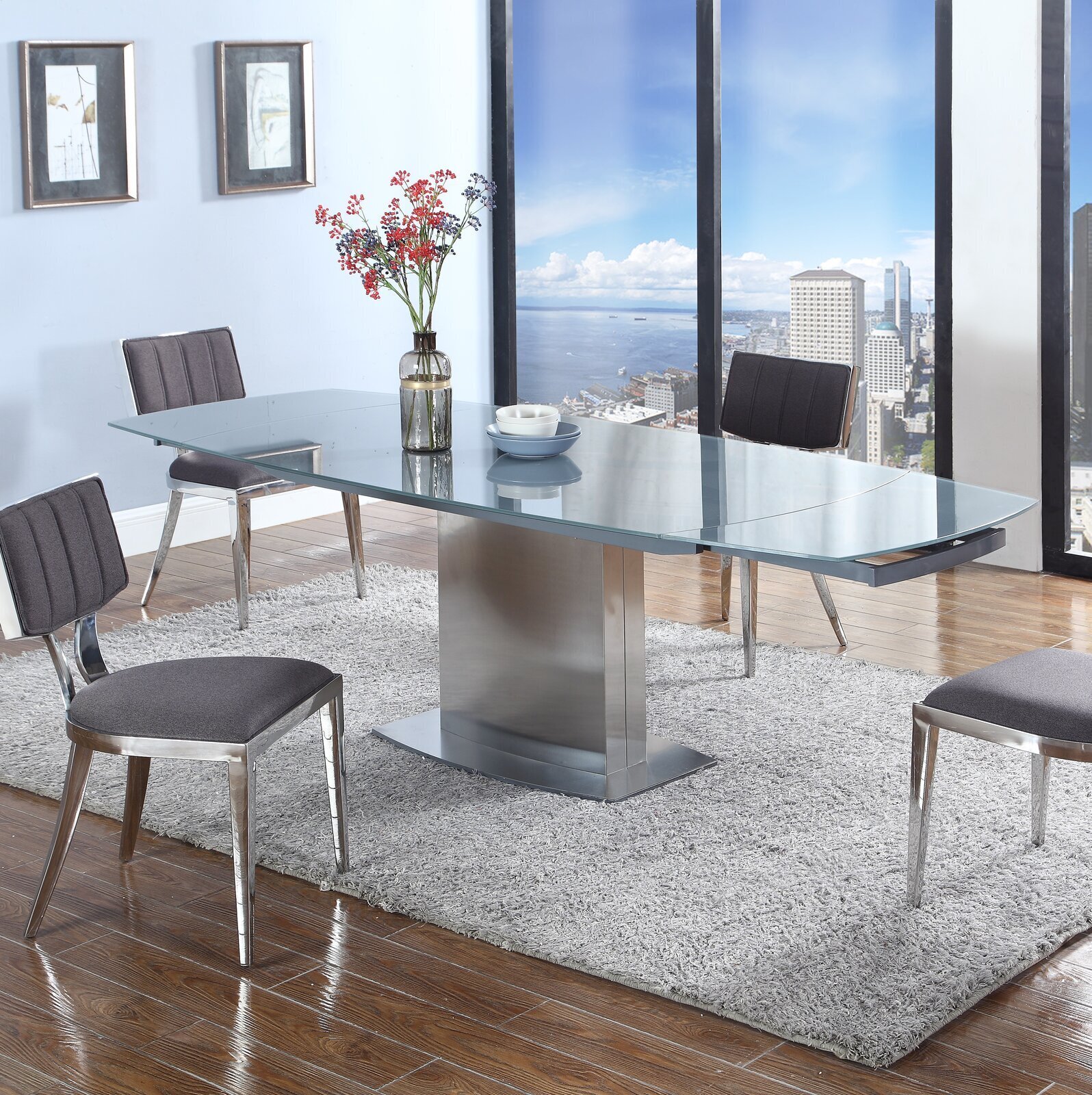 Extendable Glass Dining Table with Metal Base