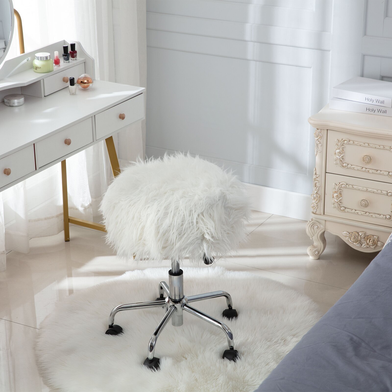 Faux Fur Stool with Wheels