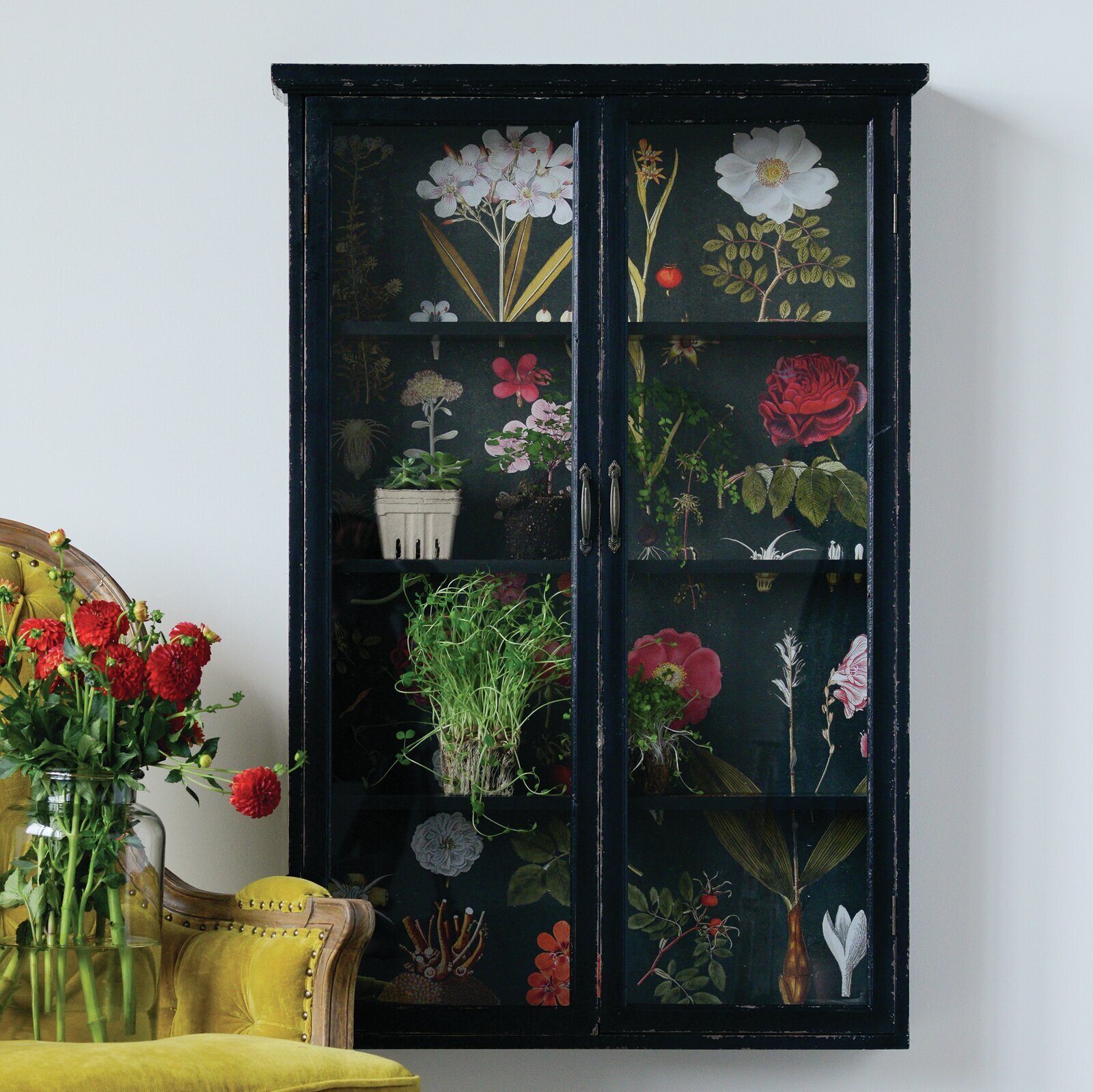 Floral Decorative Wall Cabinet with Glass Doors