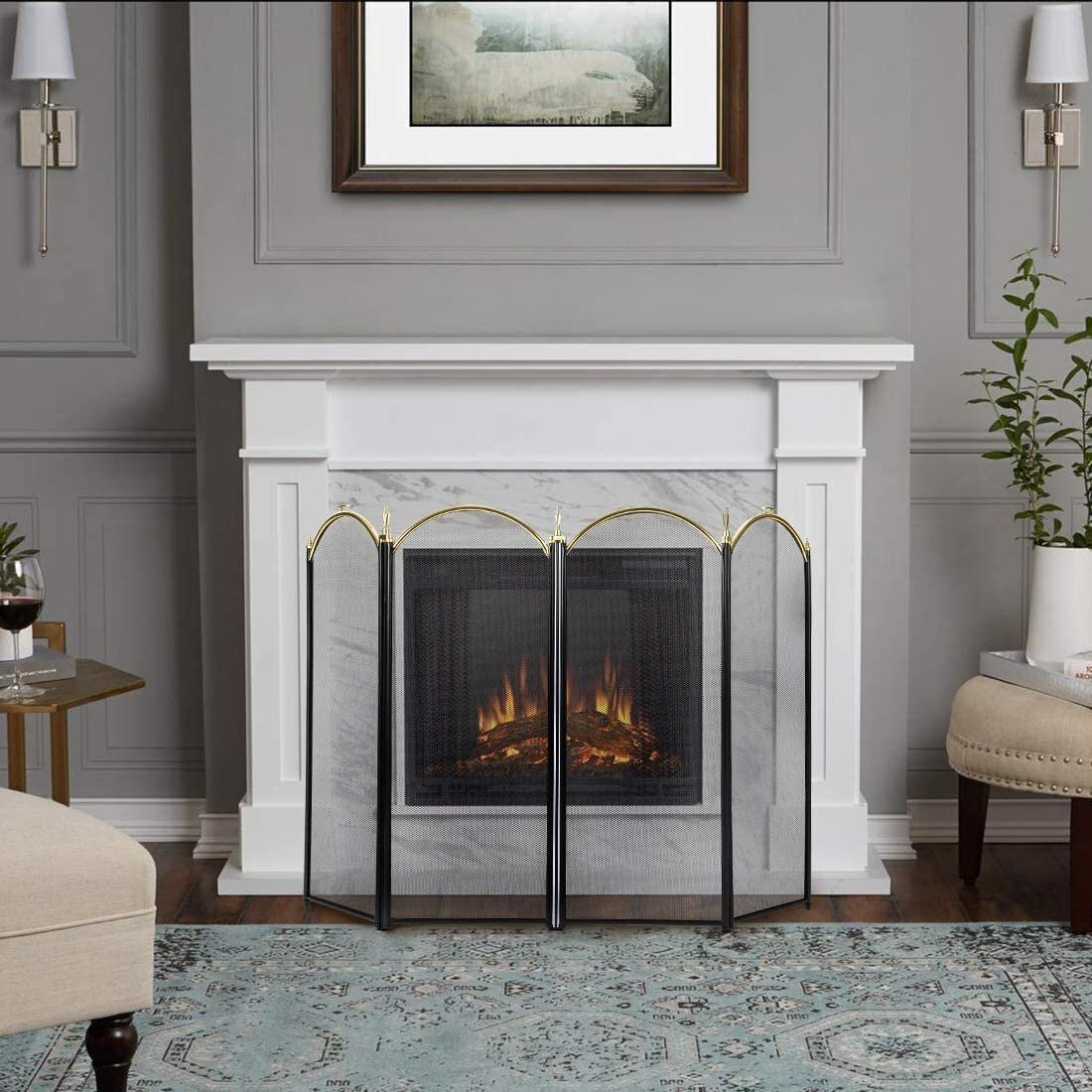 Four Panel Vintage Wrought Iron Fireplace Screen