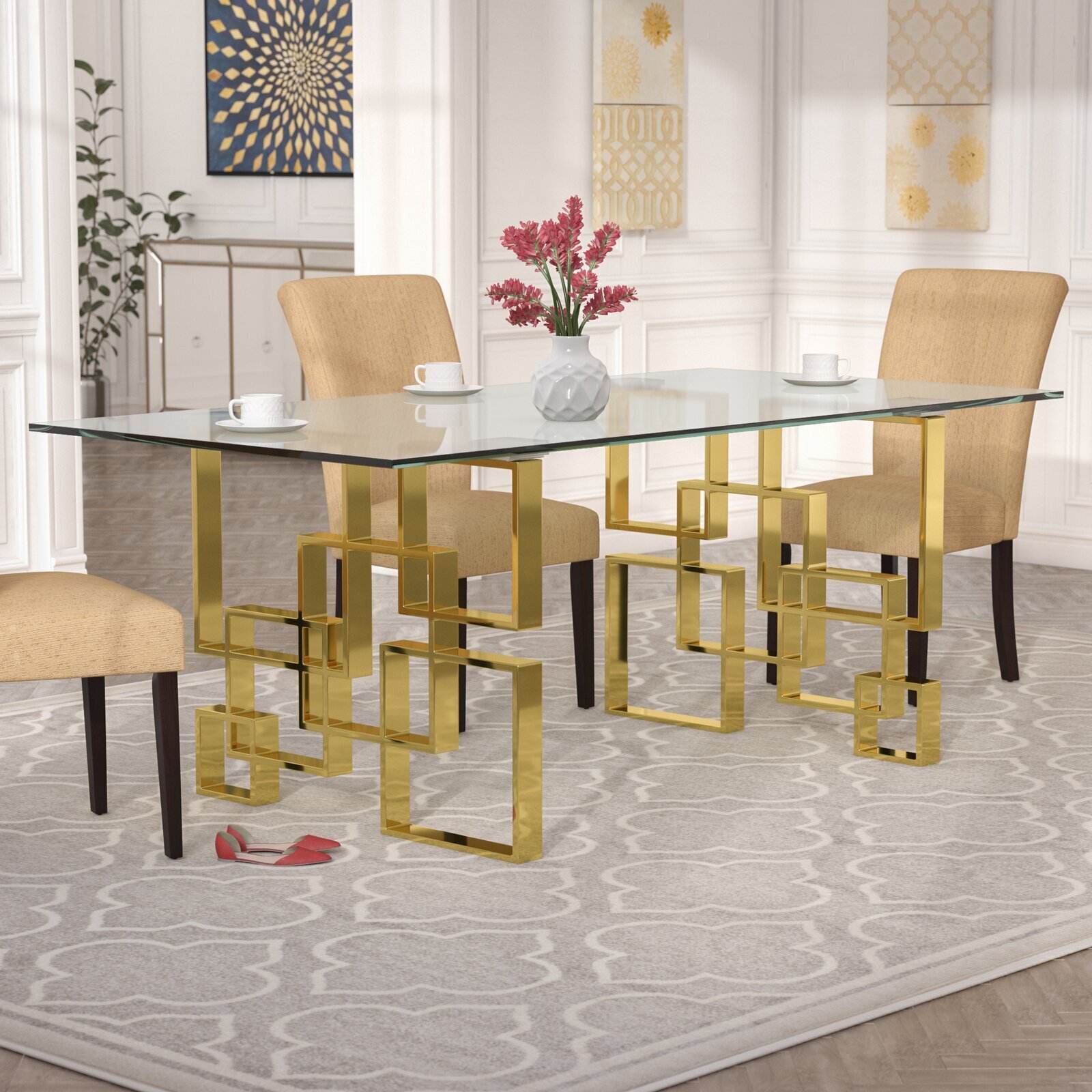 Geometric Metal Dining Table with Glass Top