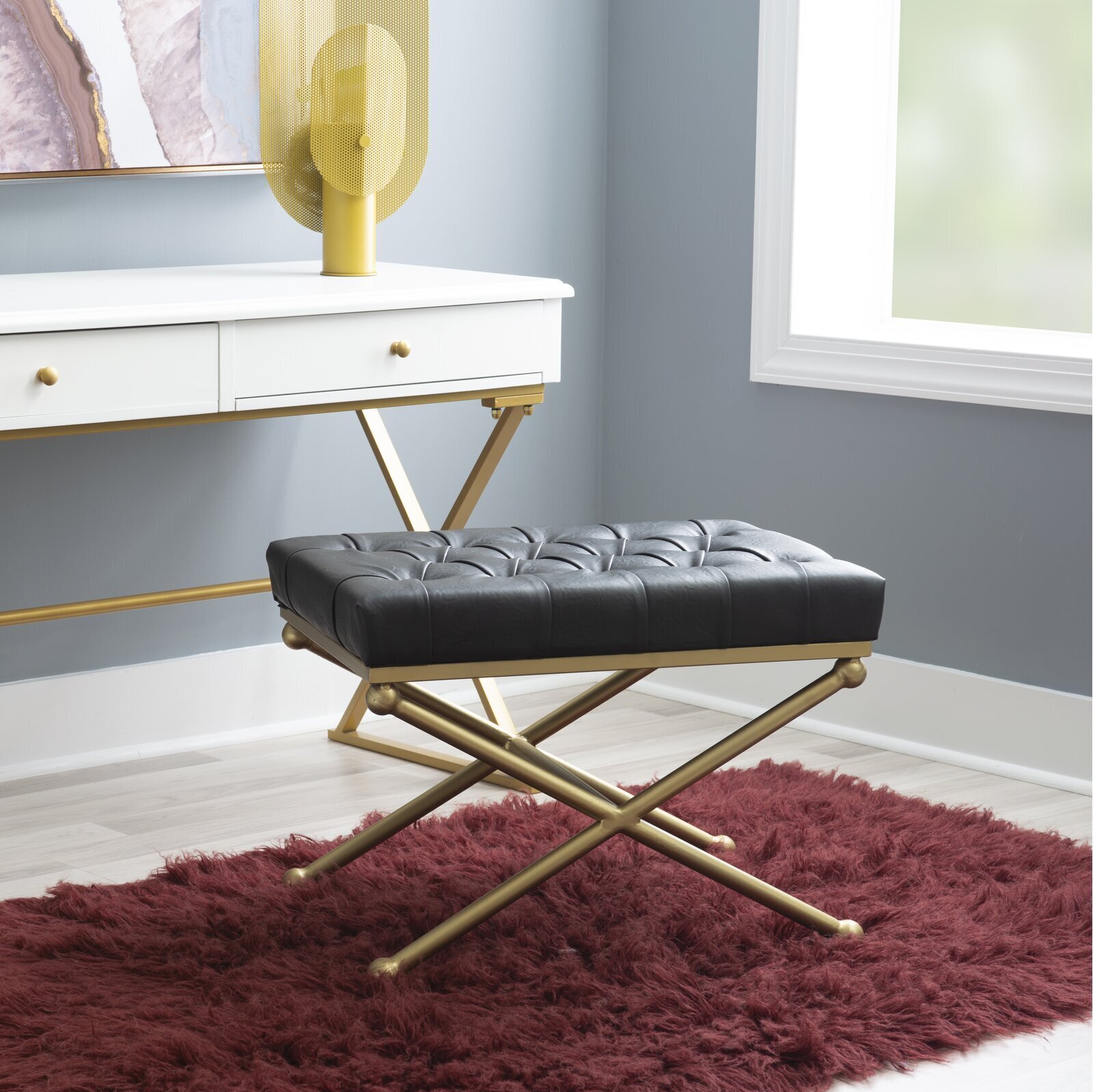 Glam Black and Gold Leather Vanity Bench 