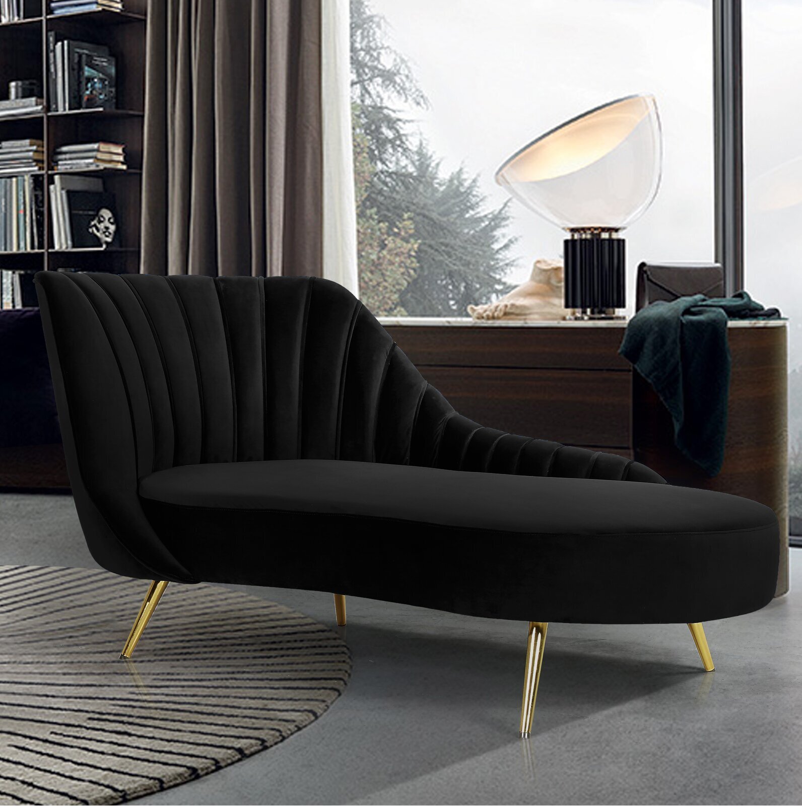 Glam Black Velvet Chaise Lounge