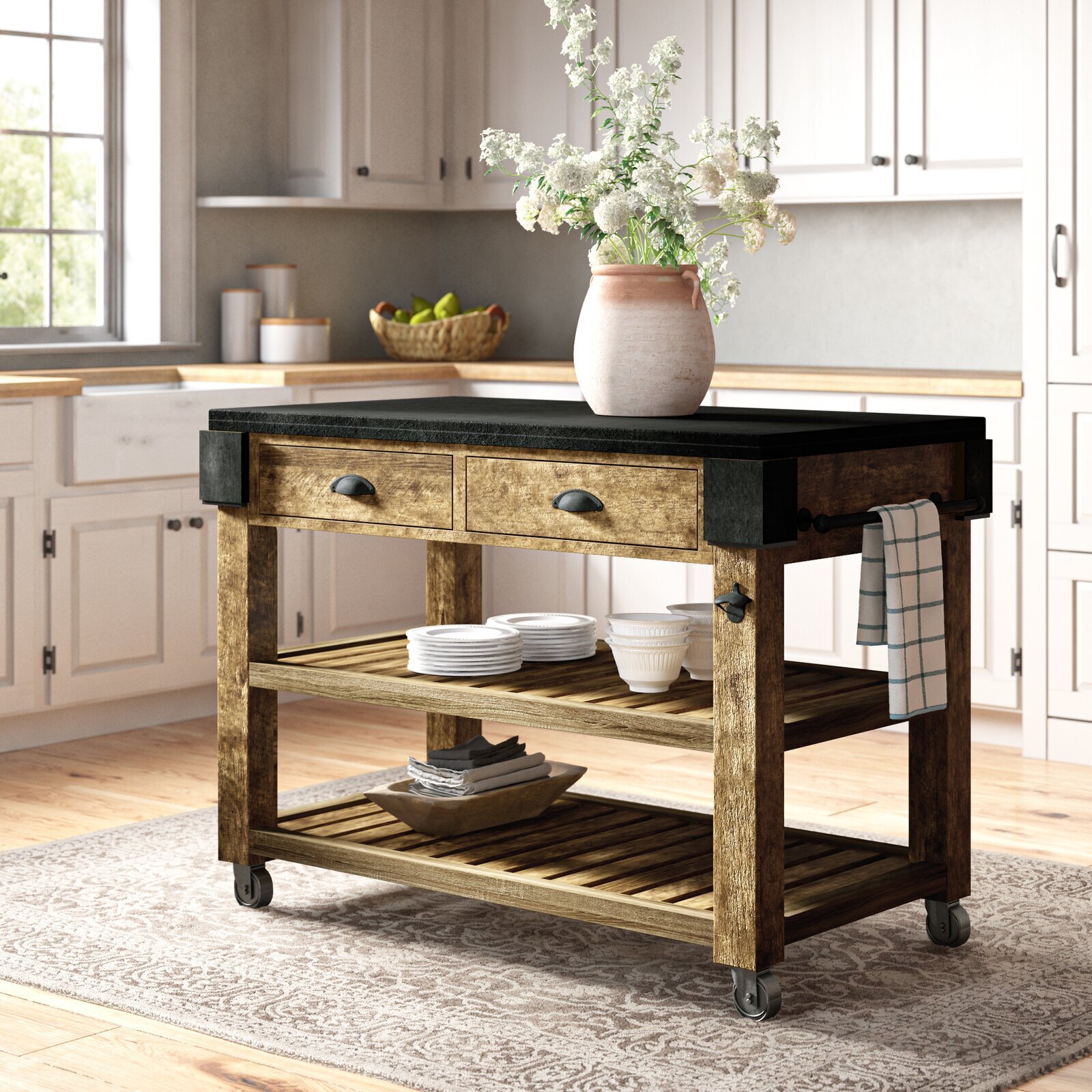 Granite top kitchen island in rustic style