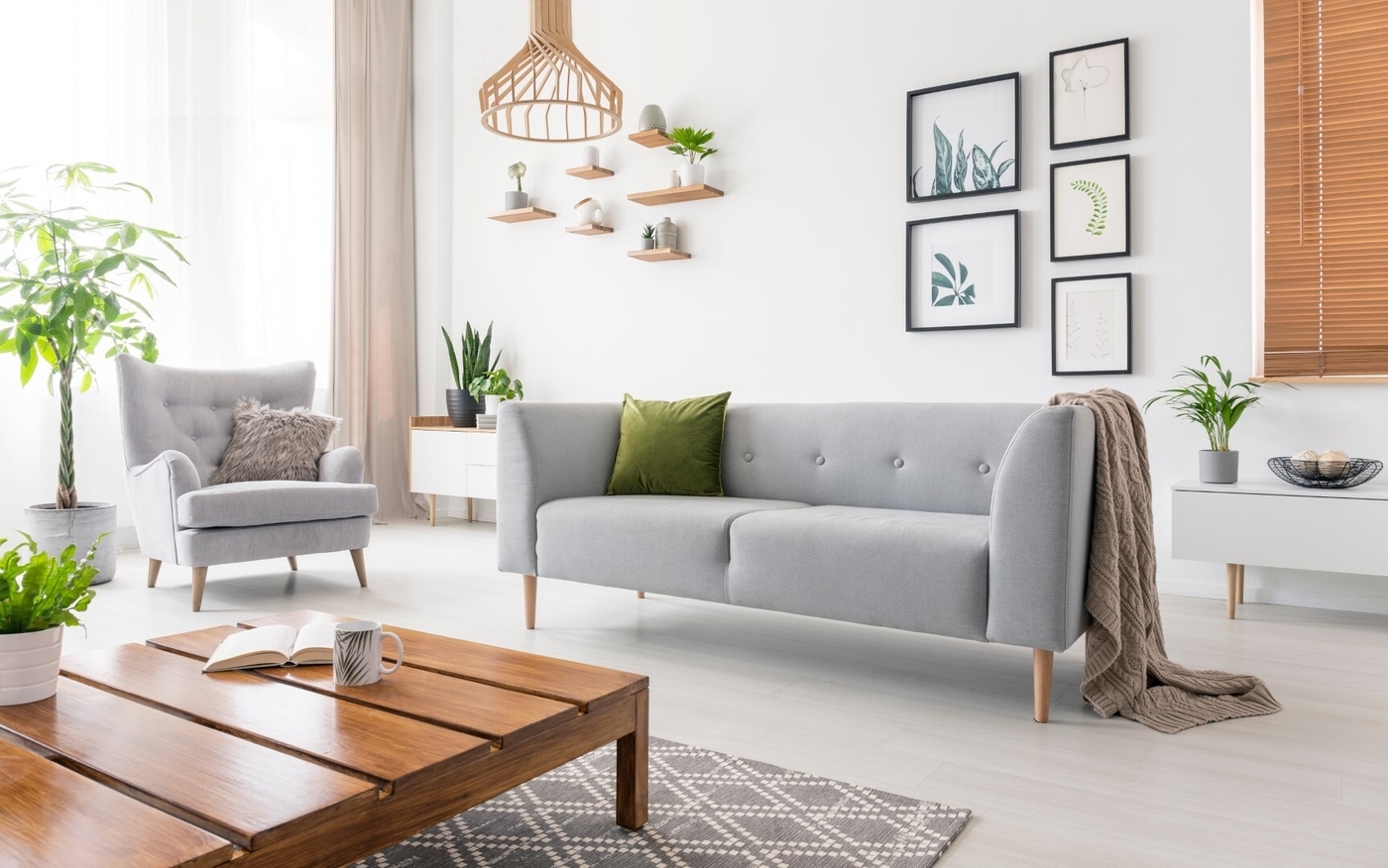 Gray sofa with green pillow