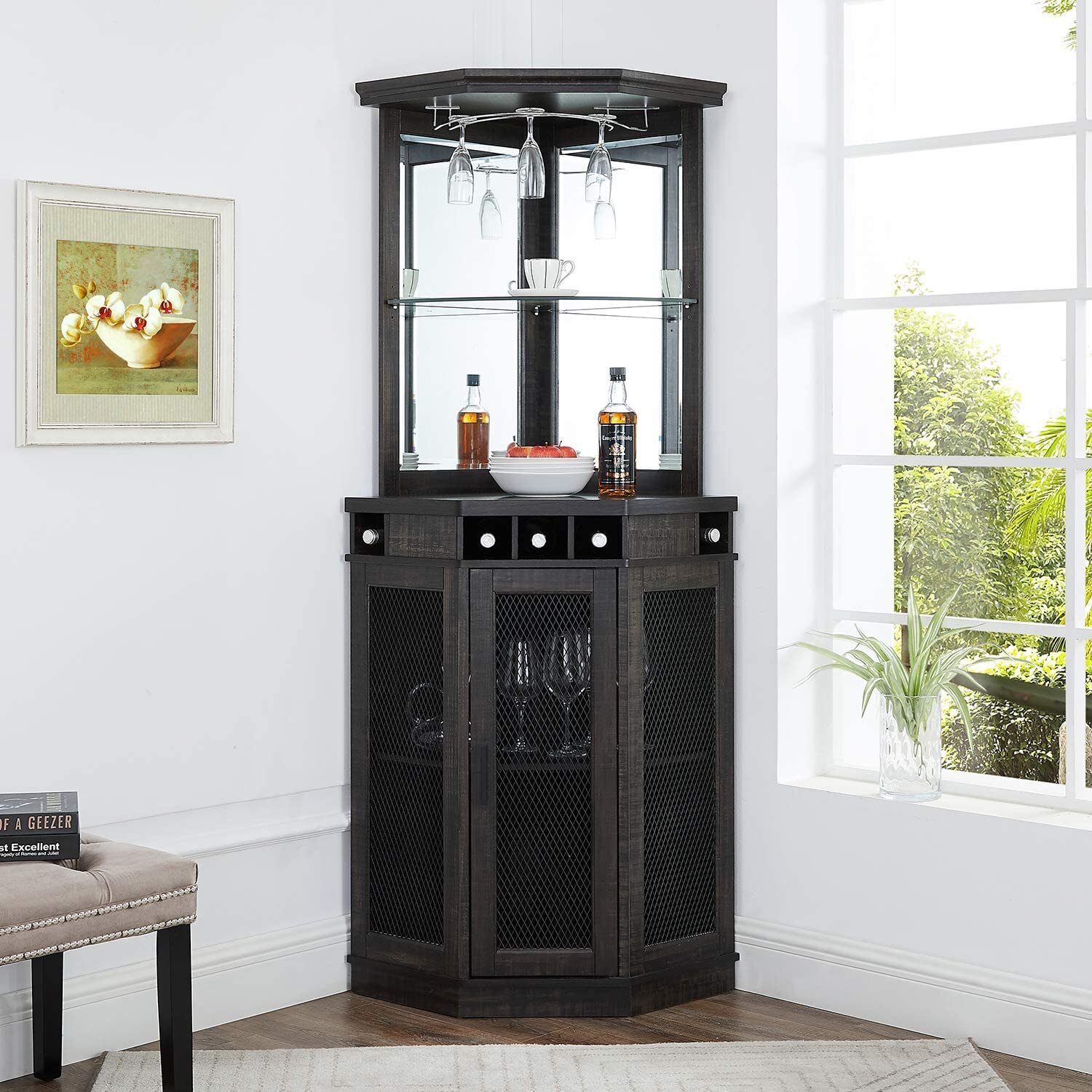 Gray Tall Corner Bar Cabinet