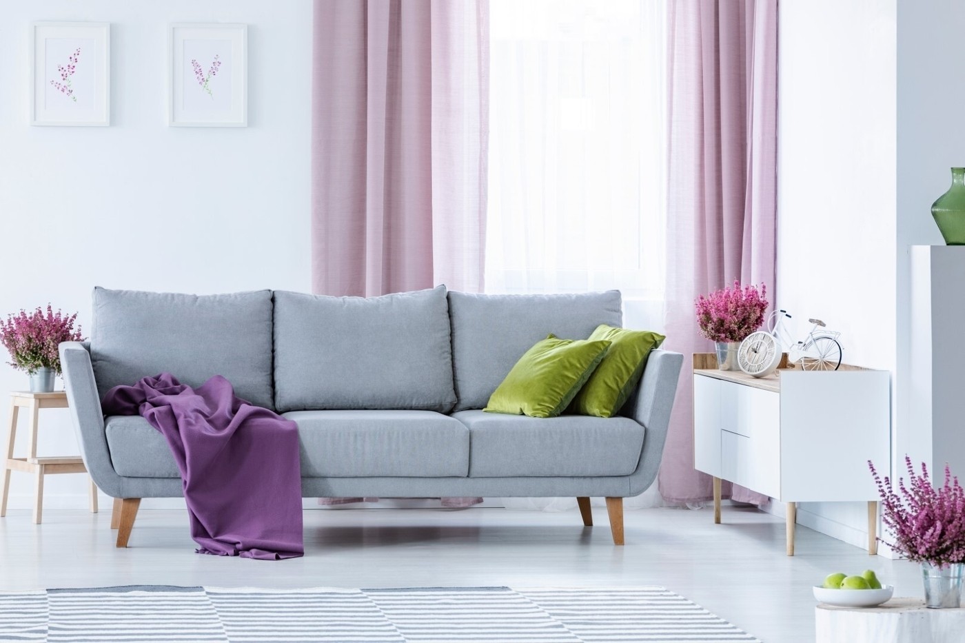 Grey Couch With Purple Blanket
