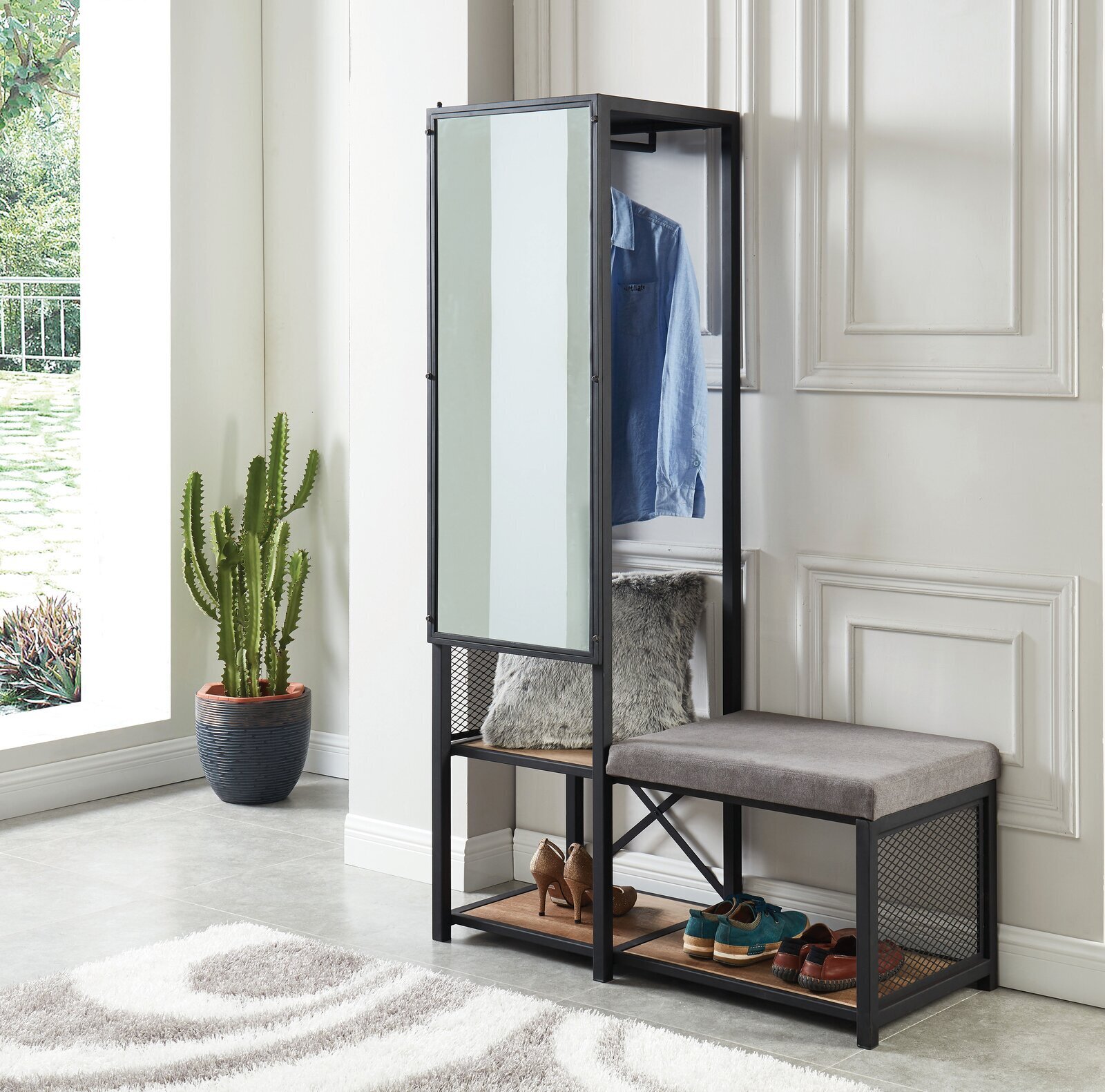 Hall Tree with Mirror and Upholstered Bench