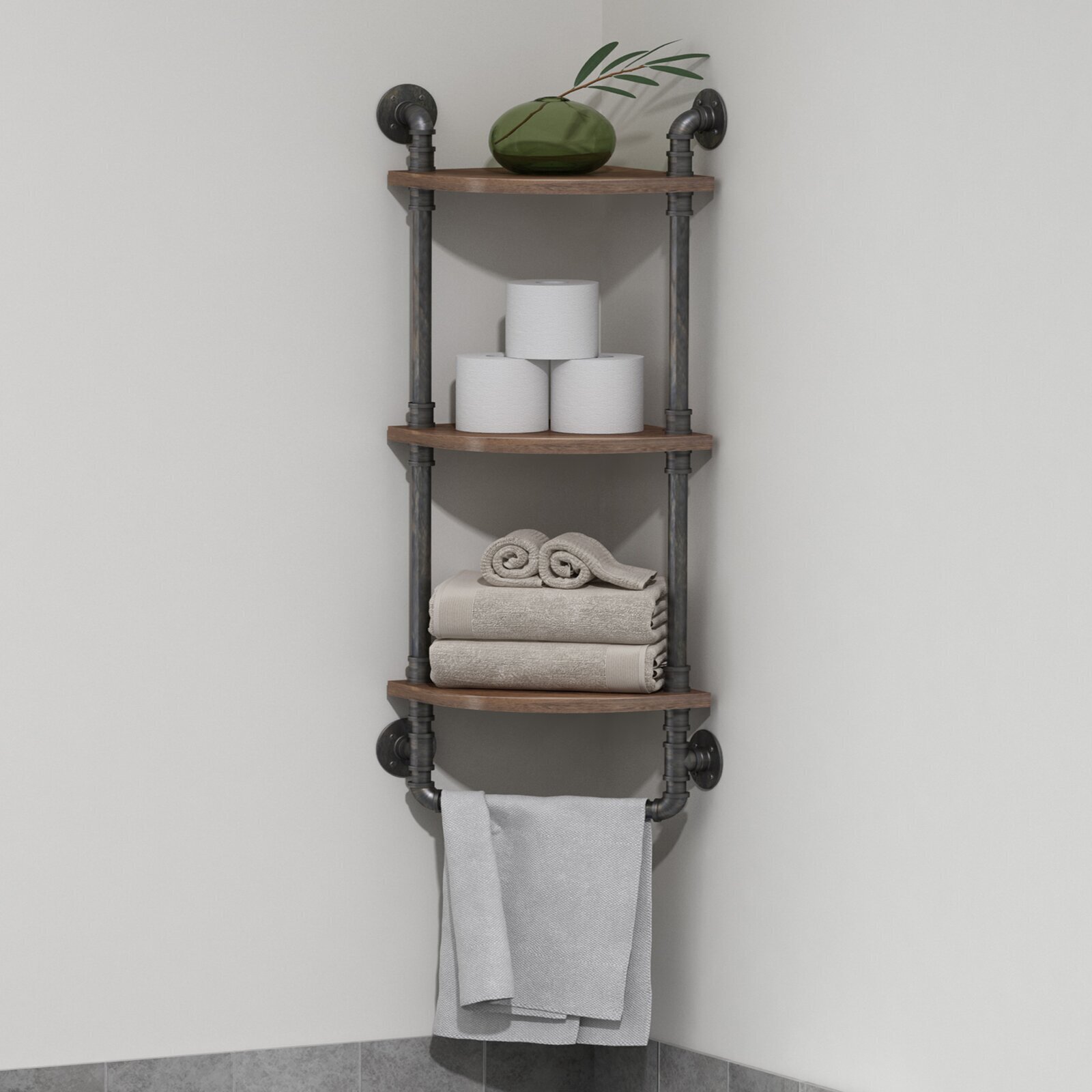 Industrial wall mounted corner shelf