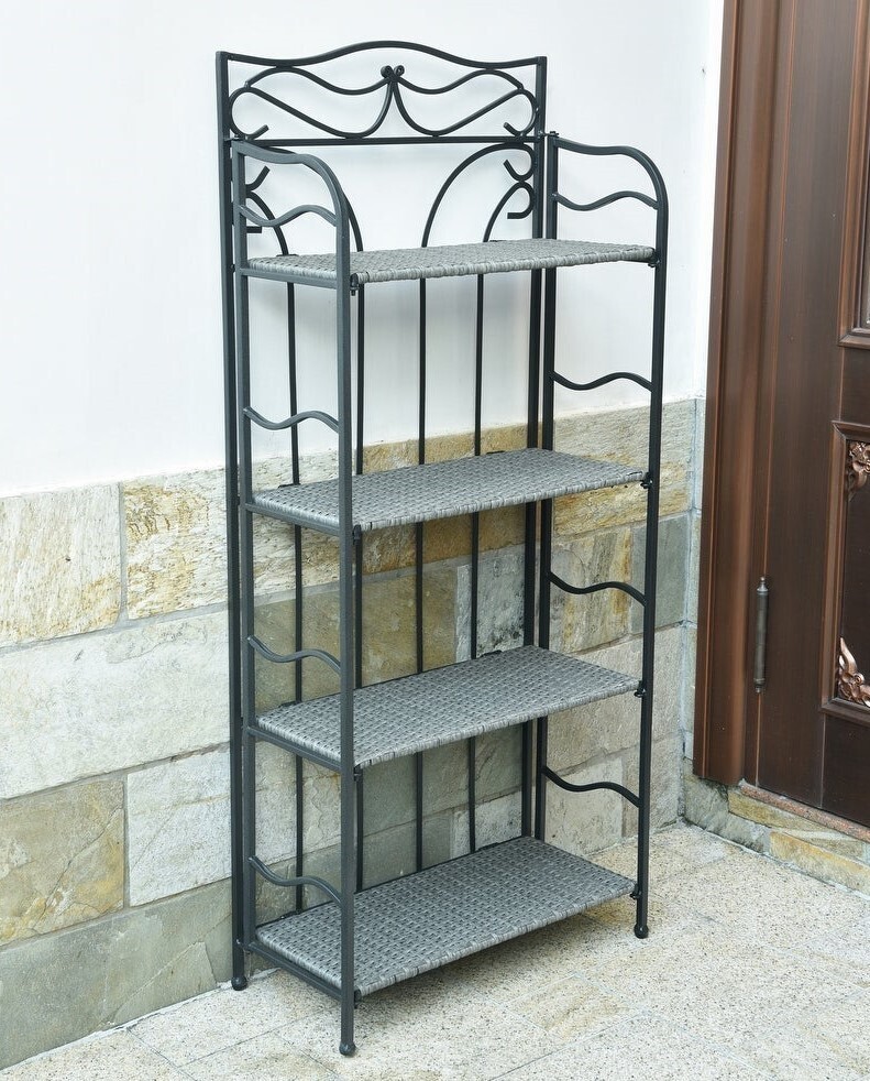 Iron and wicker bakers rack outdoor
