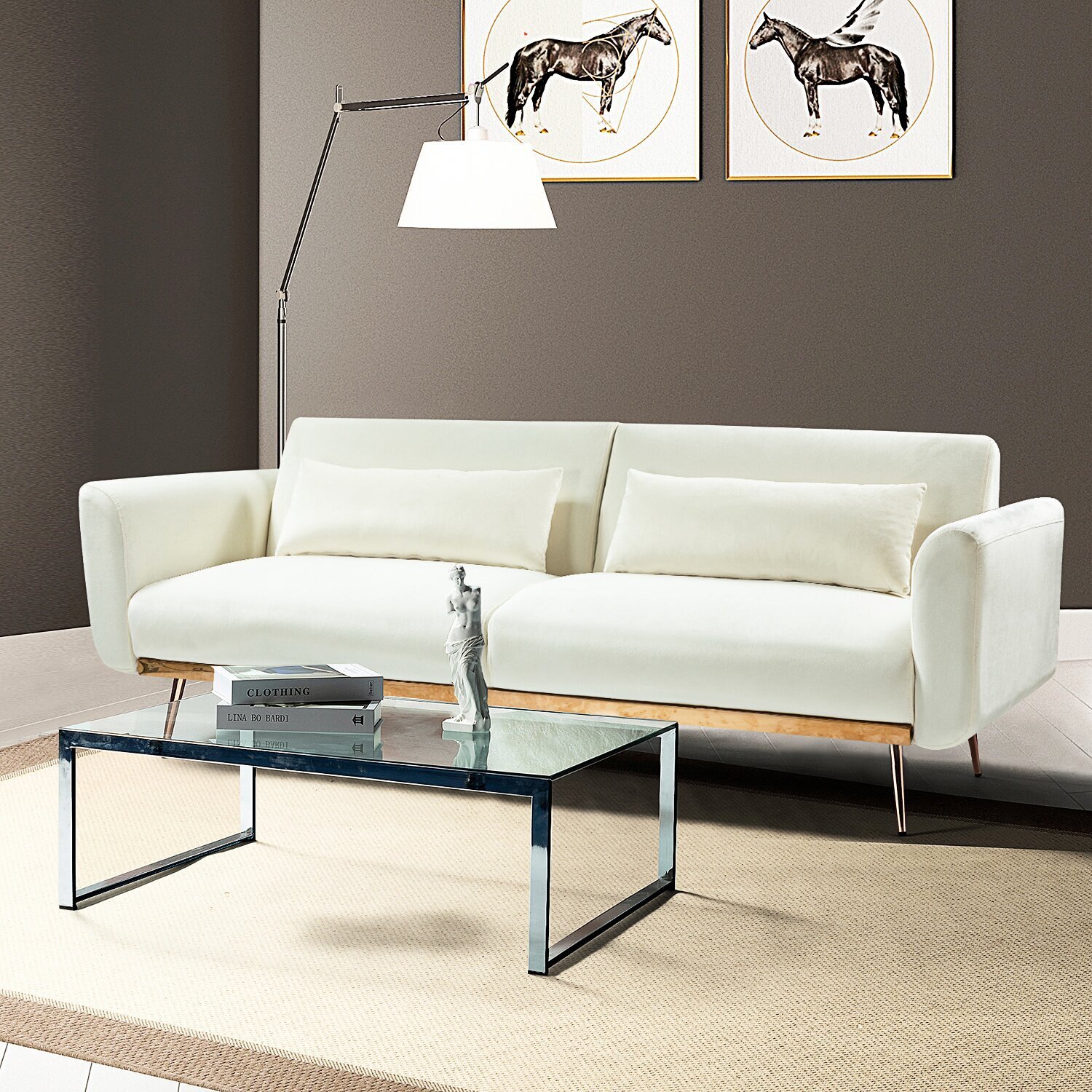 Ivory Flared Arm Velvety Japandi Sofa 