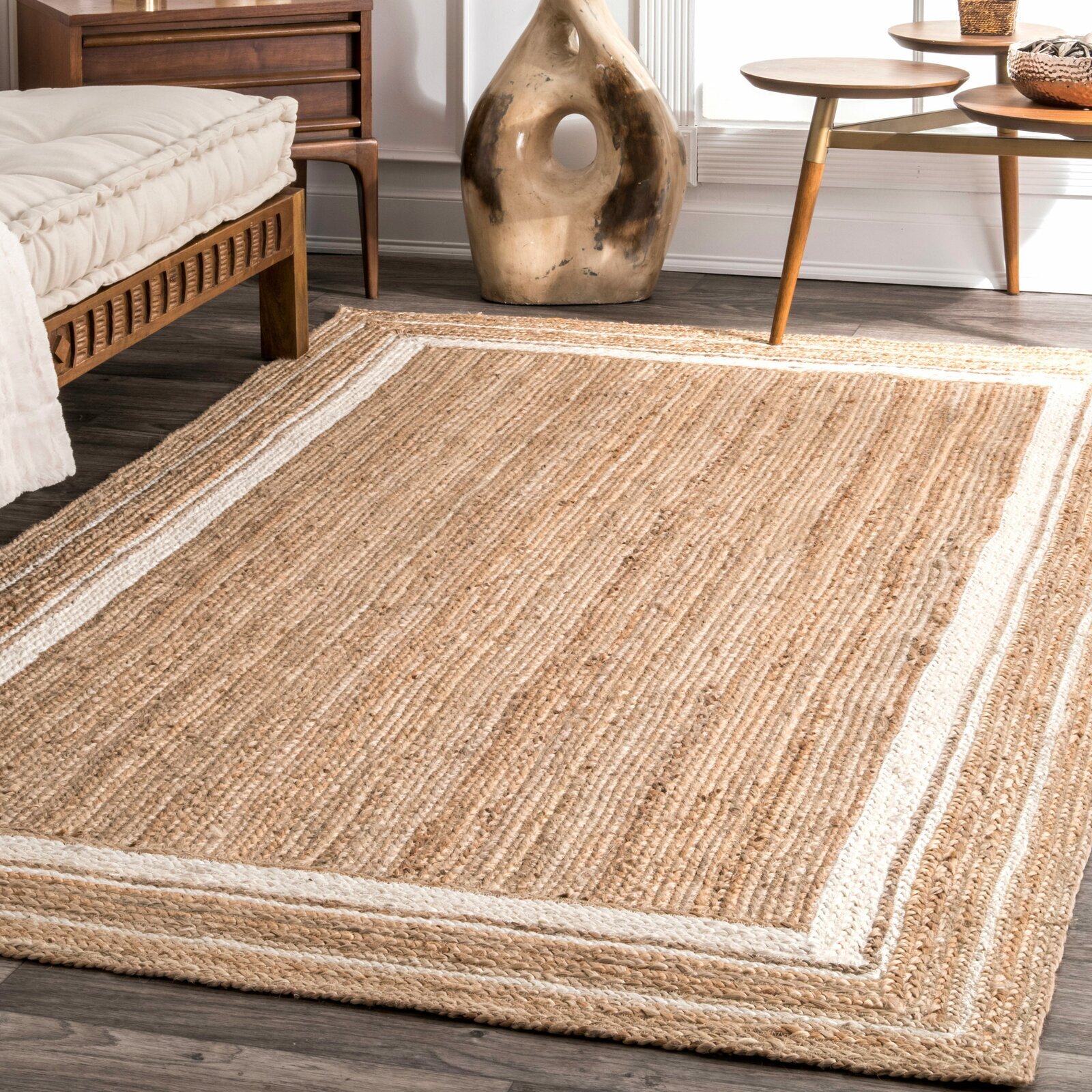 Jute Rug With Multiple White Borders Motif 