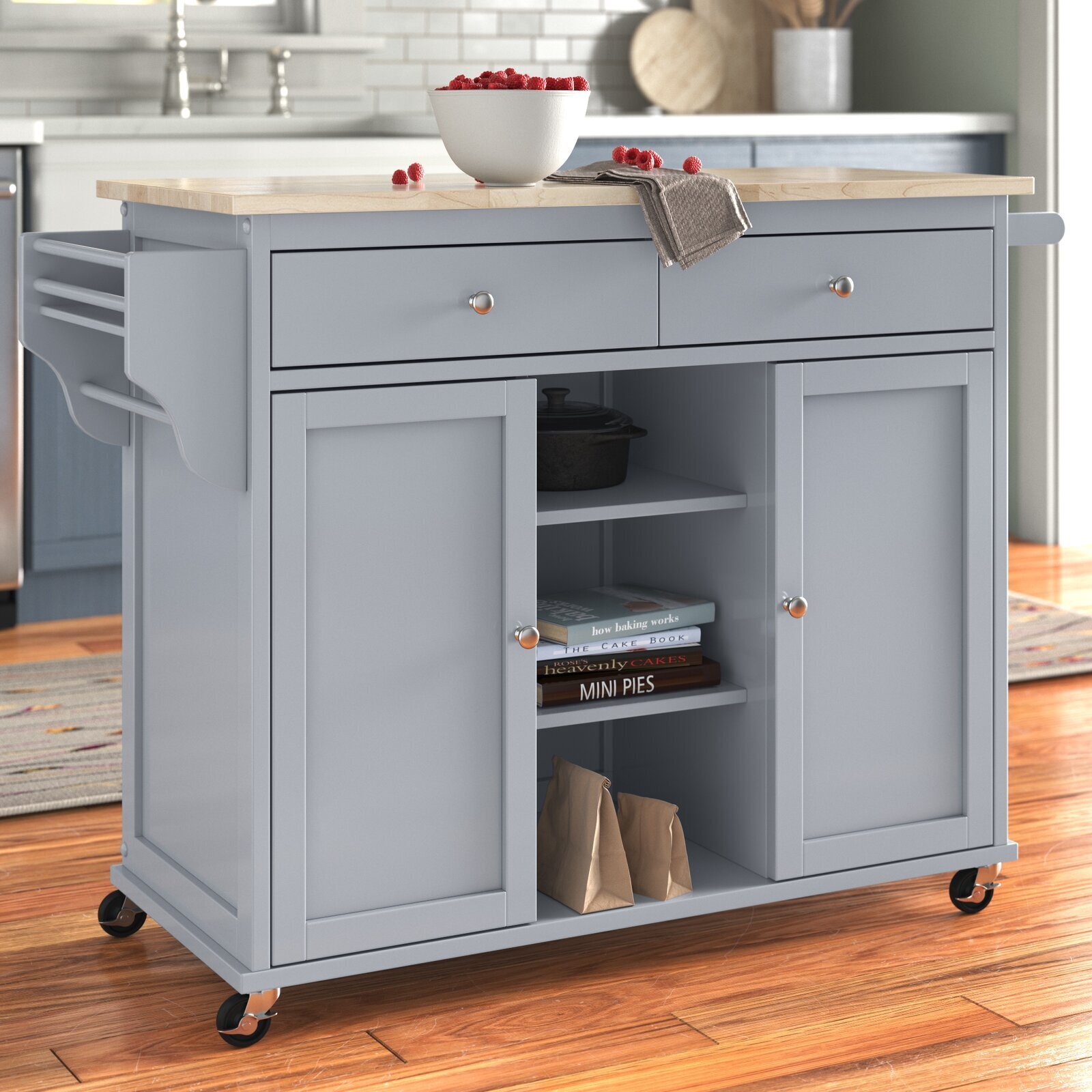Kitchen island with drawers, cupboards & open storage