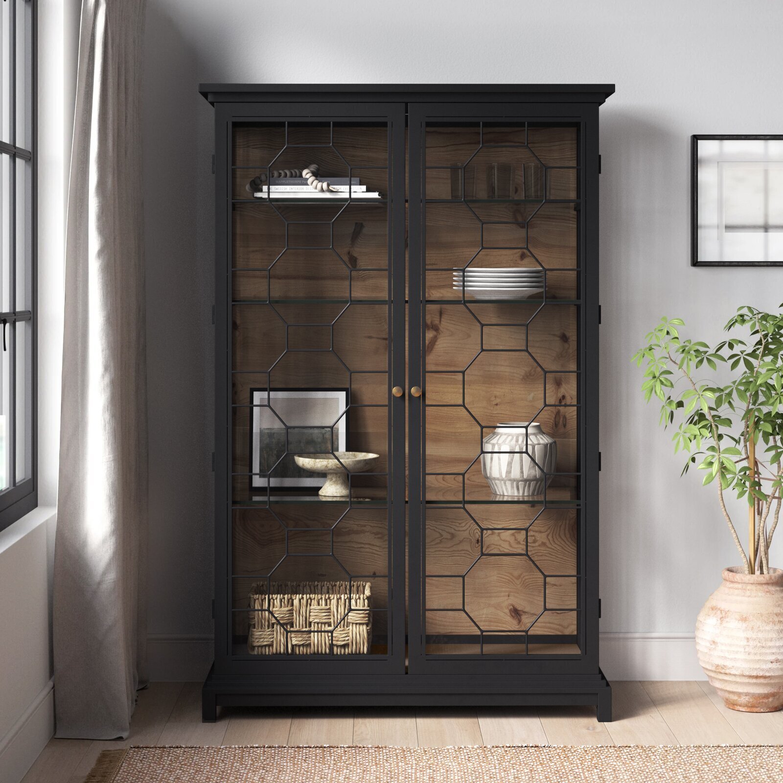 Large Black Honeycombe China Cabinet 