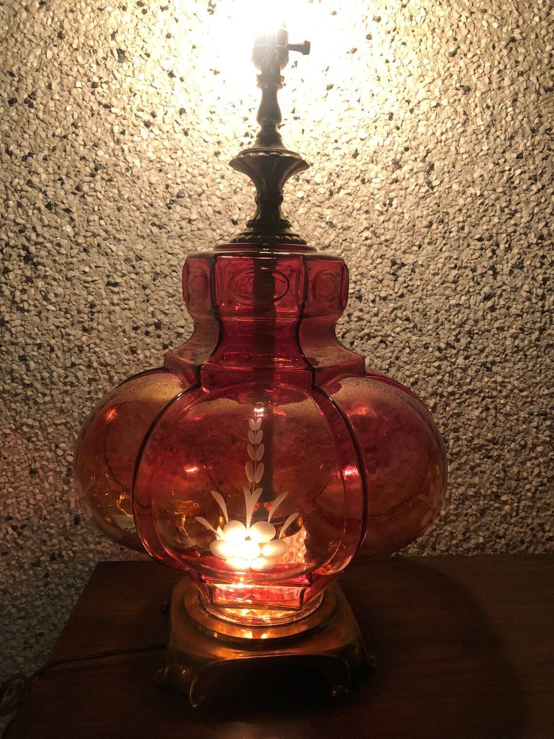 Large Cranberry Glass Lamp with Etched Design