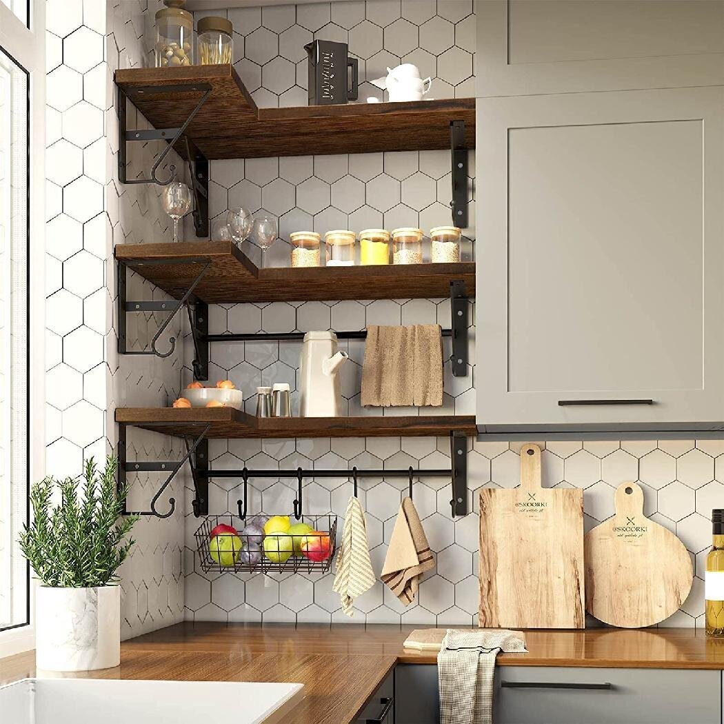 Large floating corner shelves with hooks