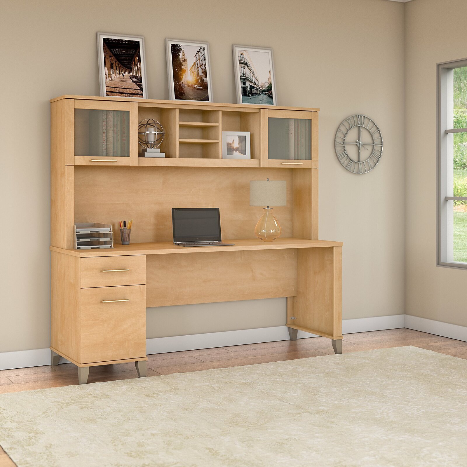Large Light Wood Desk With Glass Cupboards 