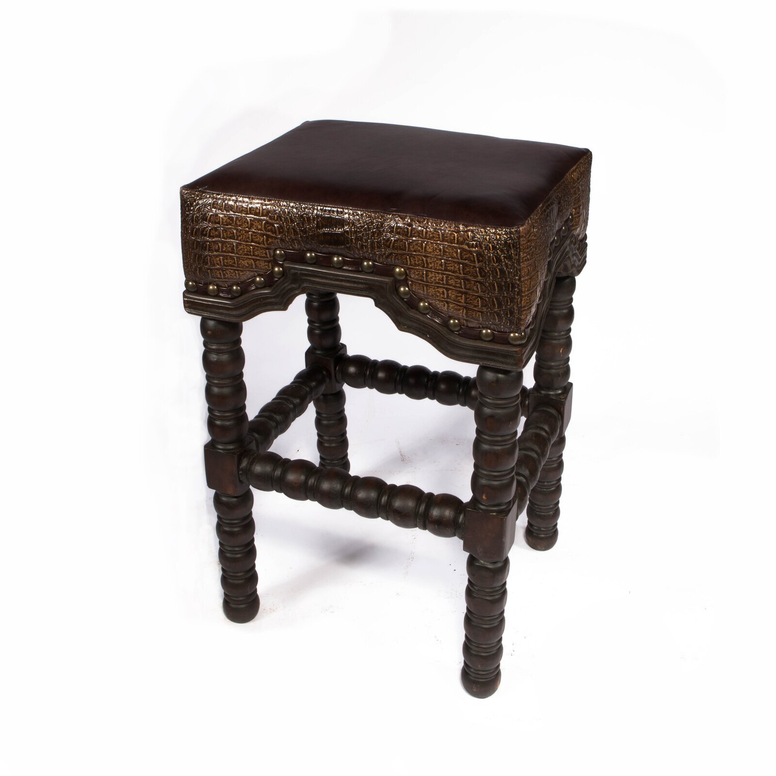 Leather Saddle Stool with Spindle Legs