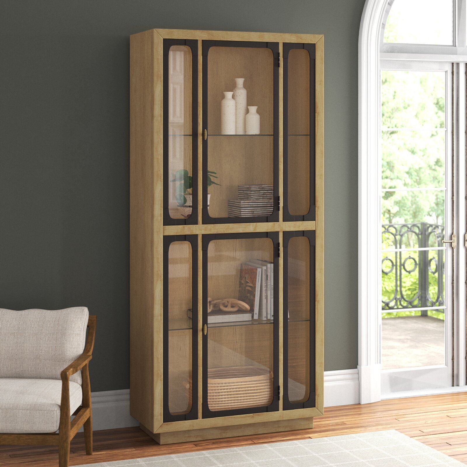 LED lit Iron and Oak Glass Lined Bookshelf