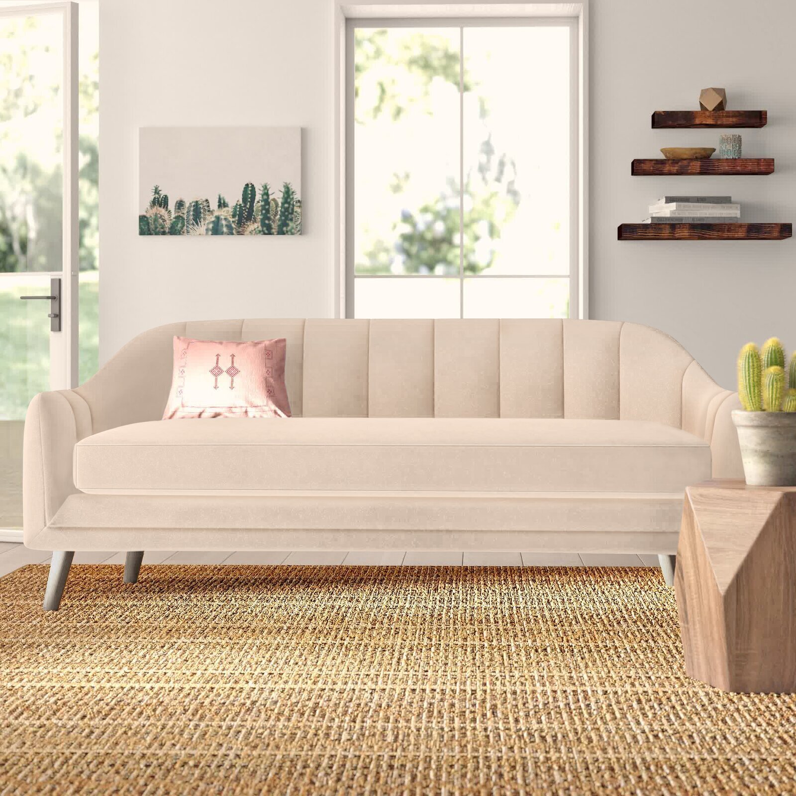 Light Blush Japandi Sofa With Walnut Legs 