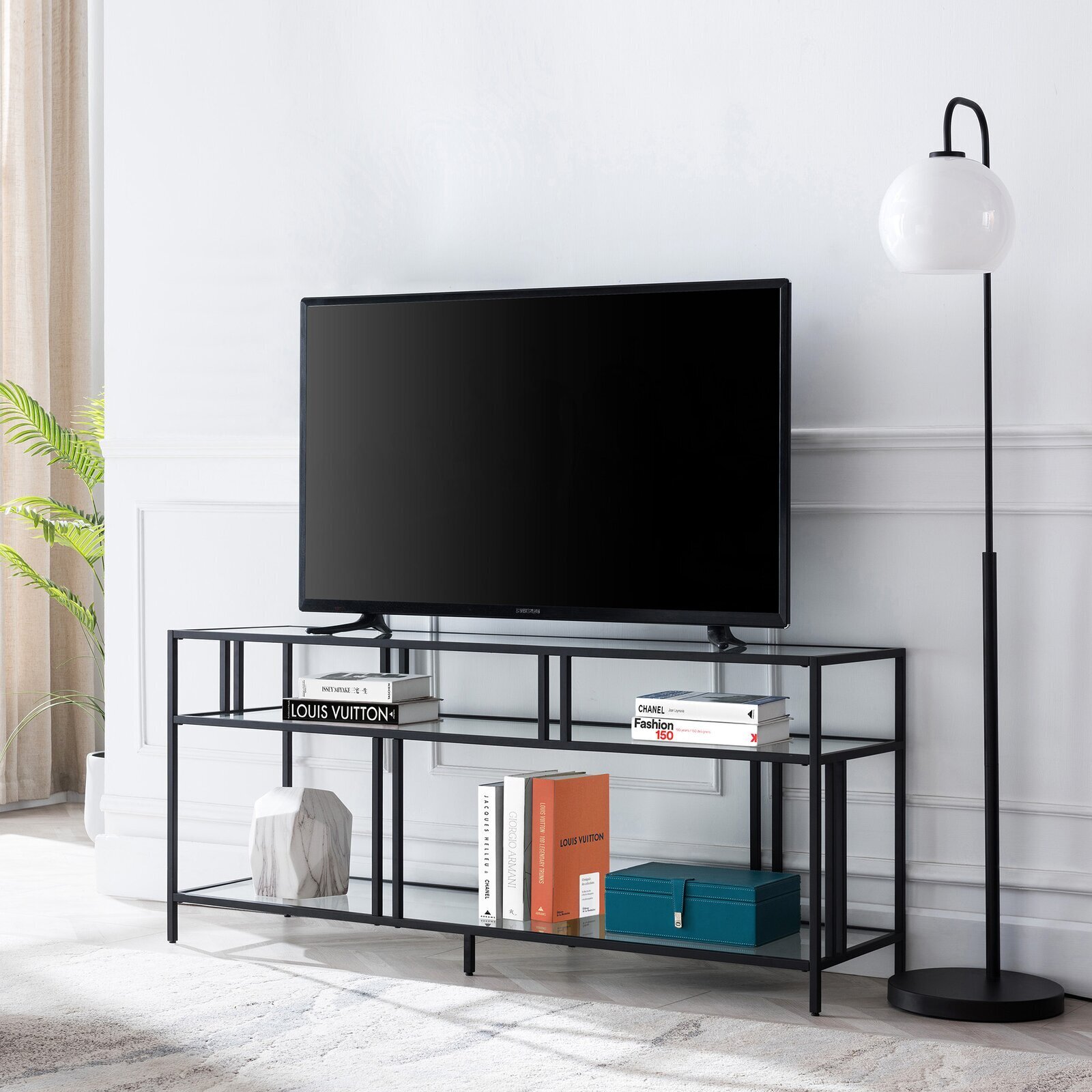 Linear Stand With Blackened Bronze And Glass Shelf 