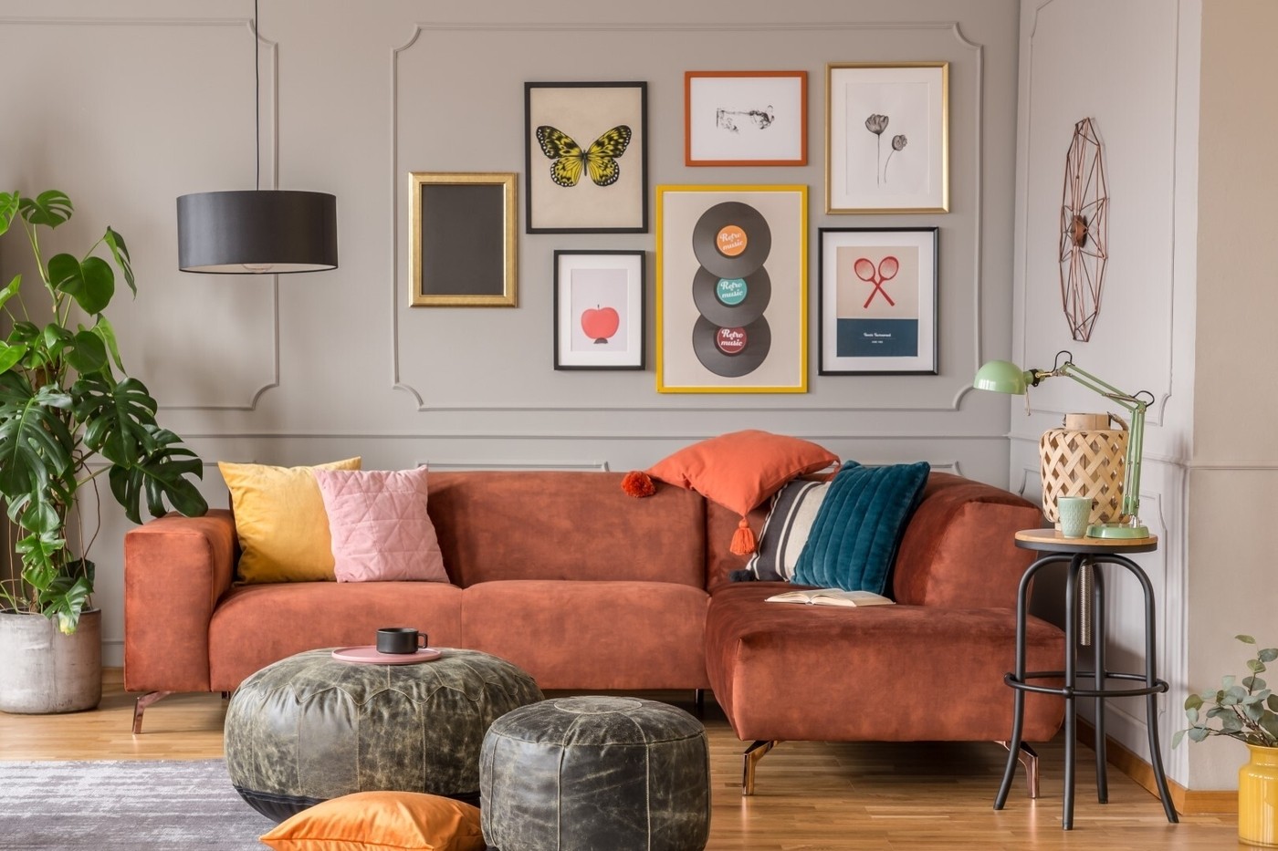 Living room interior with brown couch