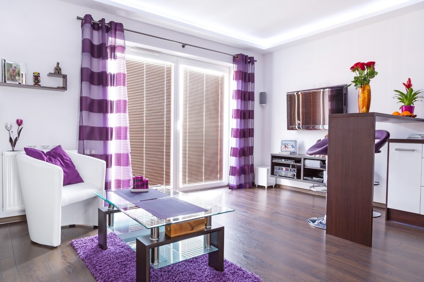 Living room interior with purple decorations
