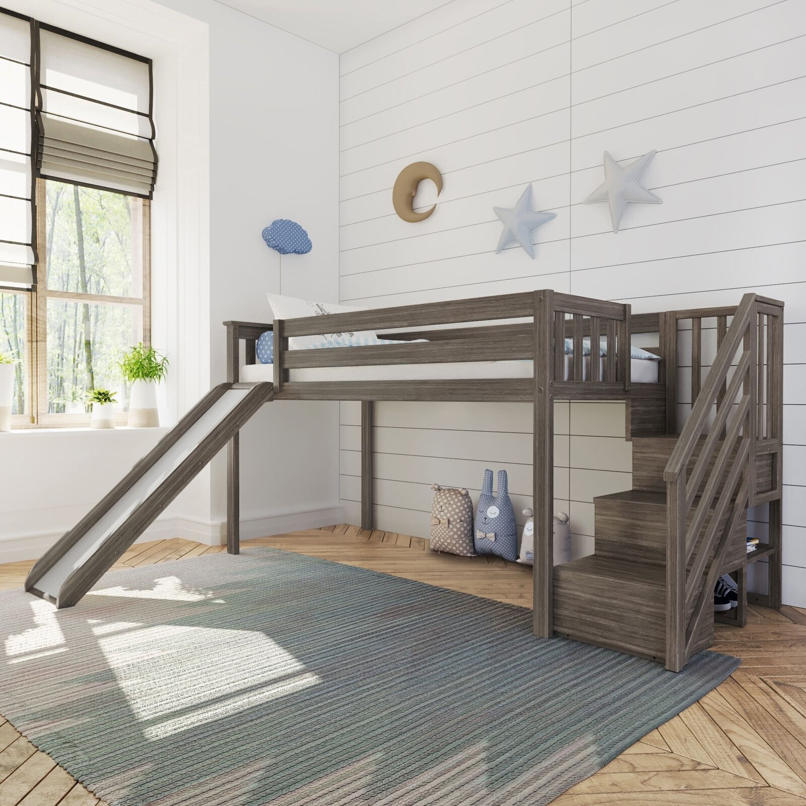 Loft bed with stairs and a slide