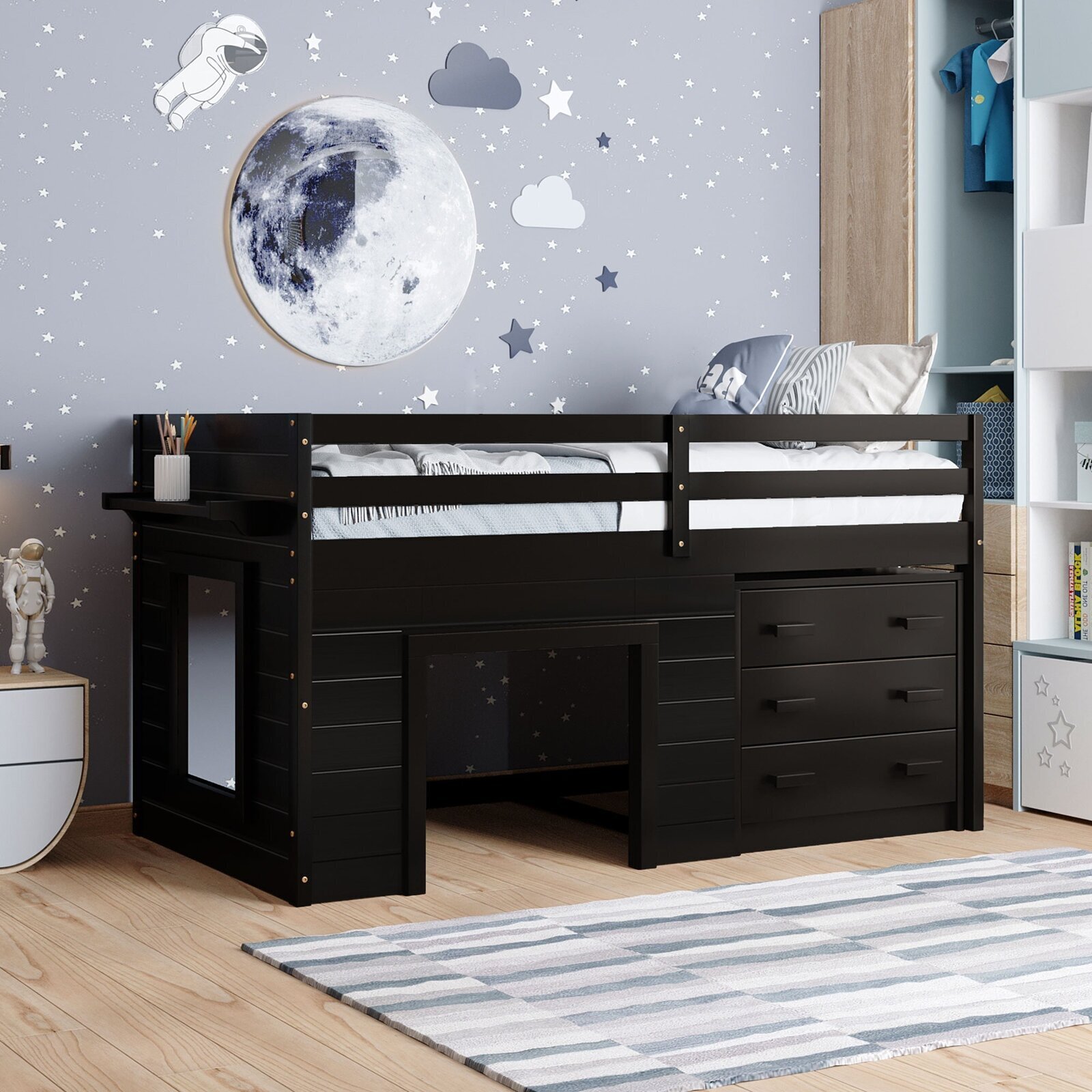 Loft bed with stairs and play area