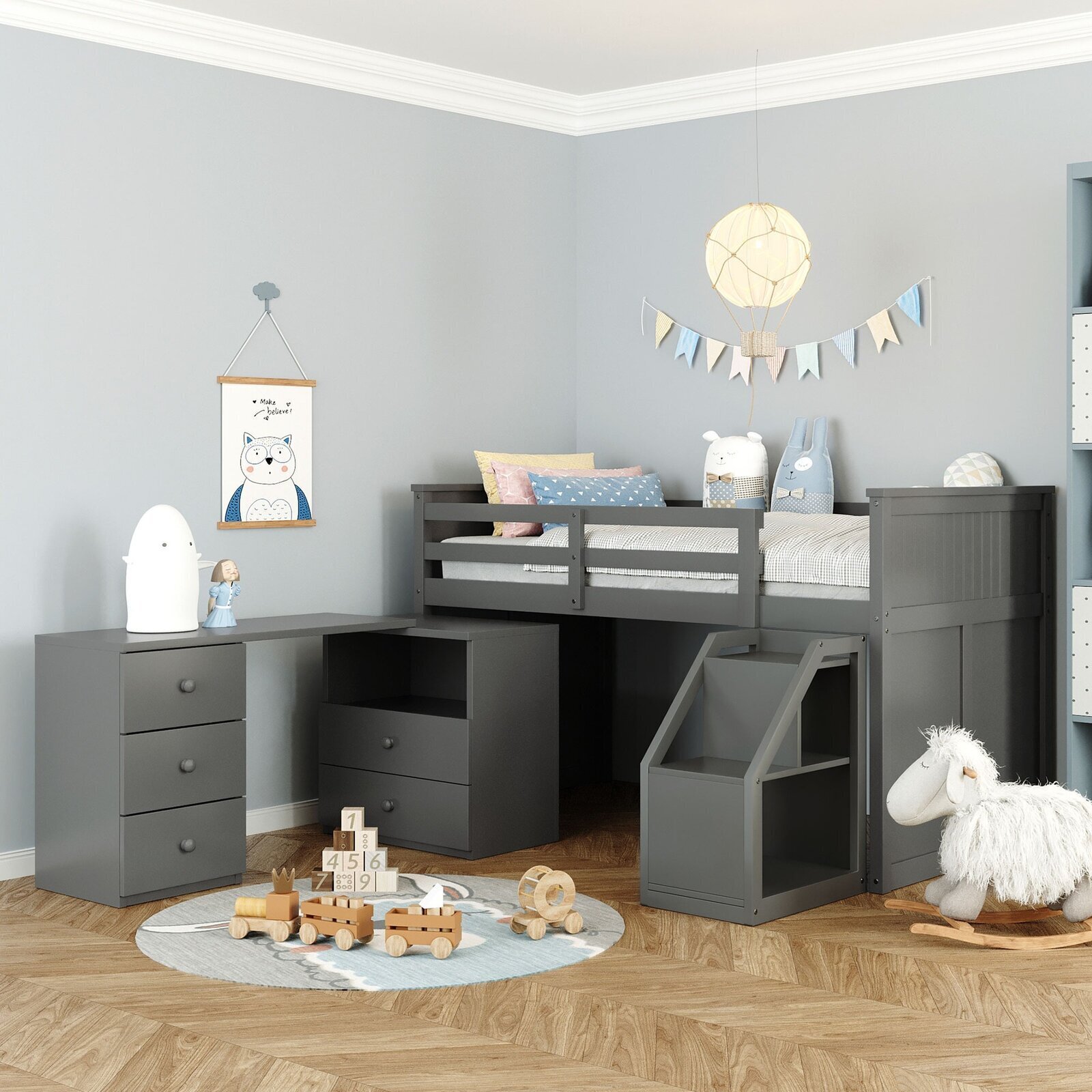 Low Loft Wooden Bunk Bed with Desk Underneath 