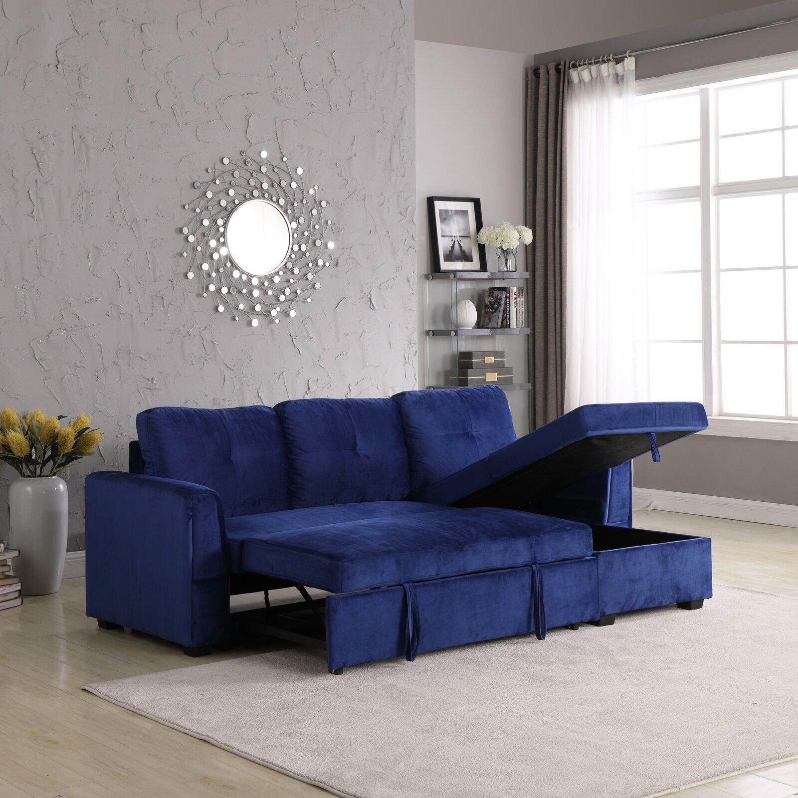 Luxe Velvet L Shaped Sofa with Built In Guest Bed