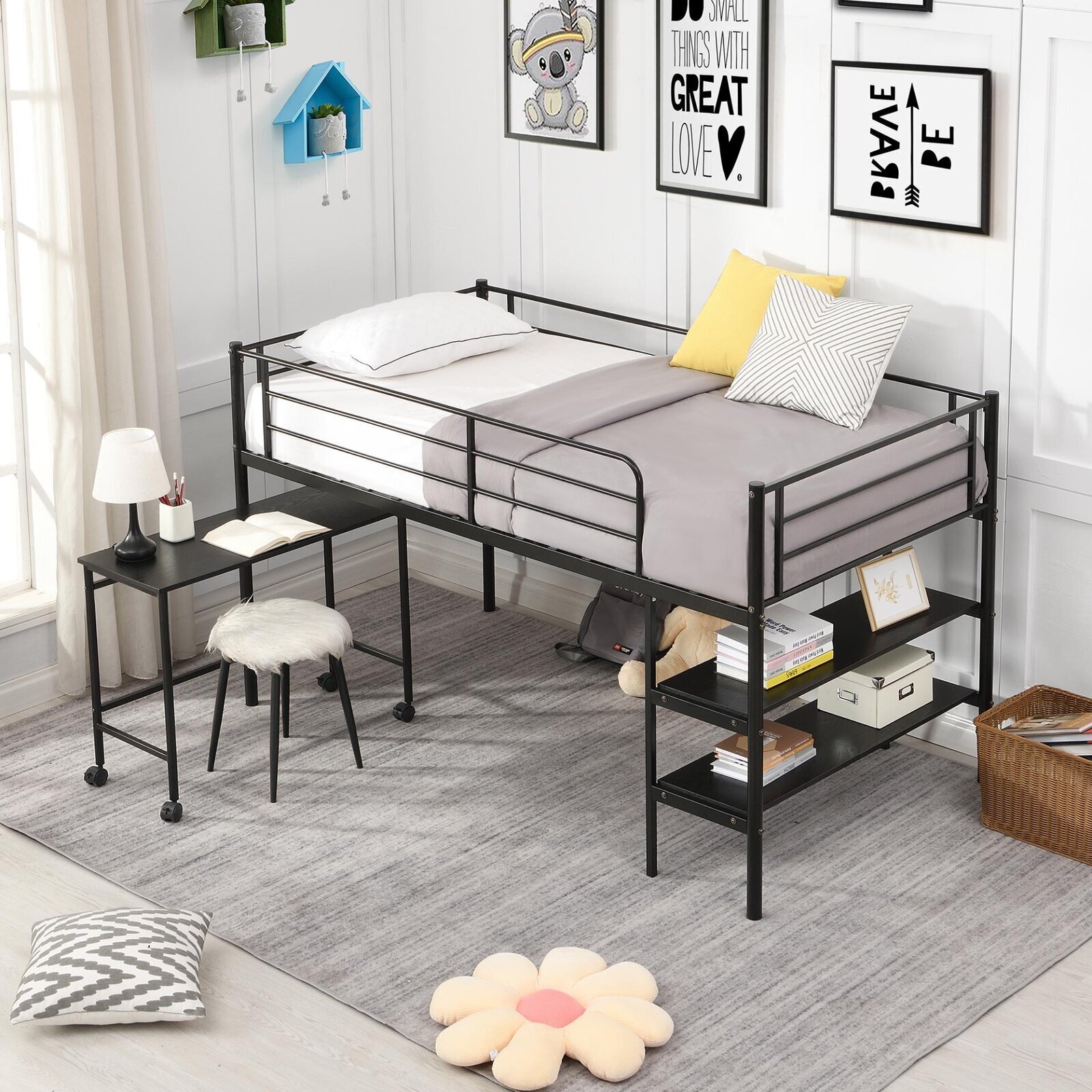 Metal loft bed with storage and desk