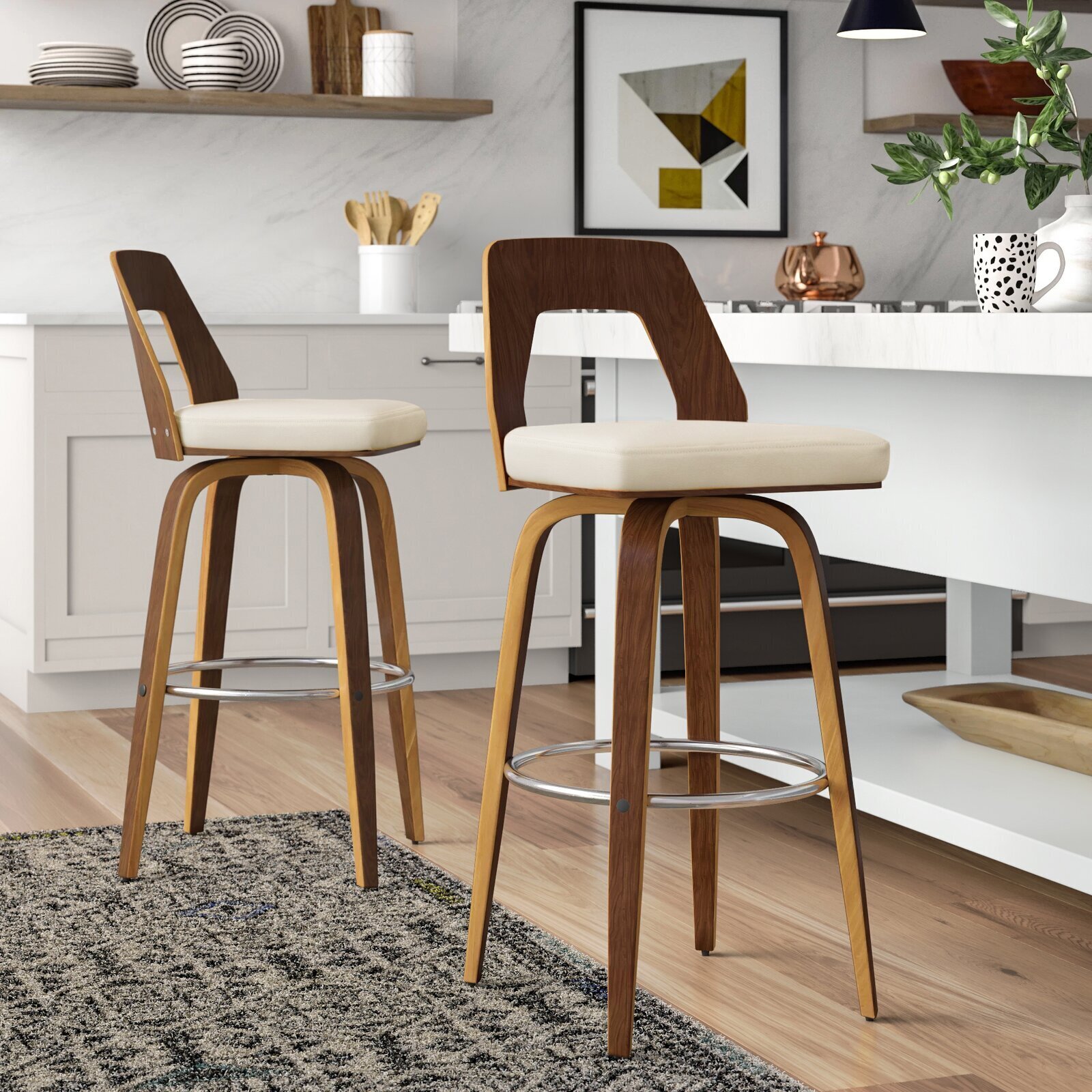 Mid century modern bar stools with cream upholstered seats