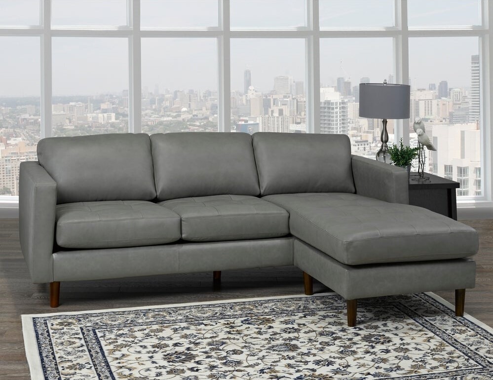 Mid Century Modern Grey Top Grain Leather Tufted Sectional Sofa