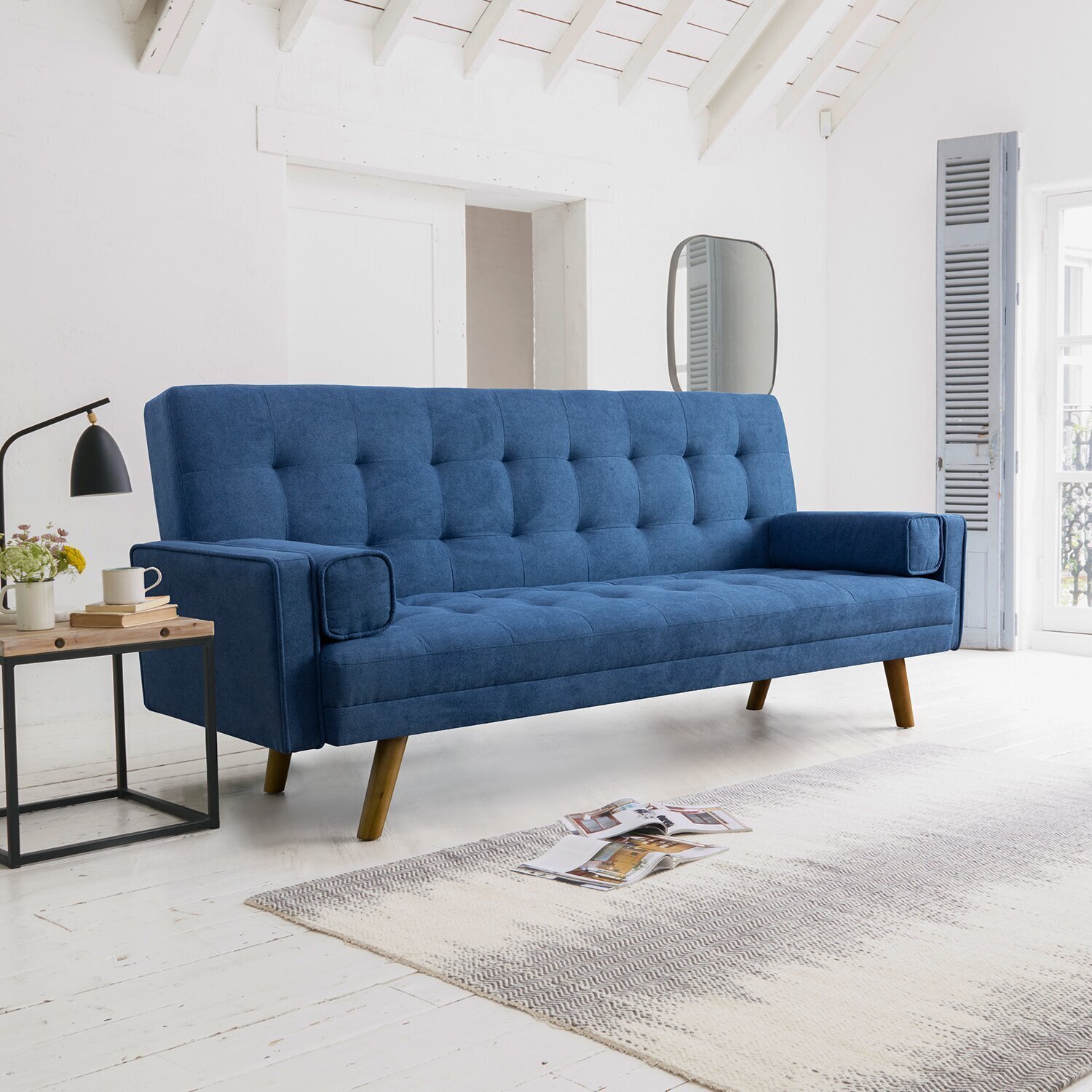 Mid century modern high back sofa with linen upholstery