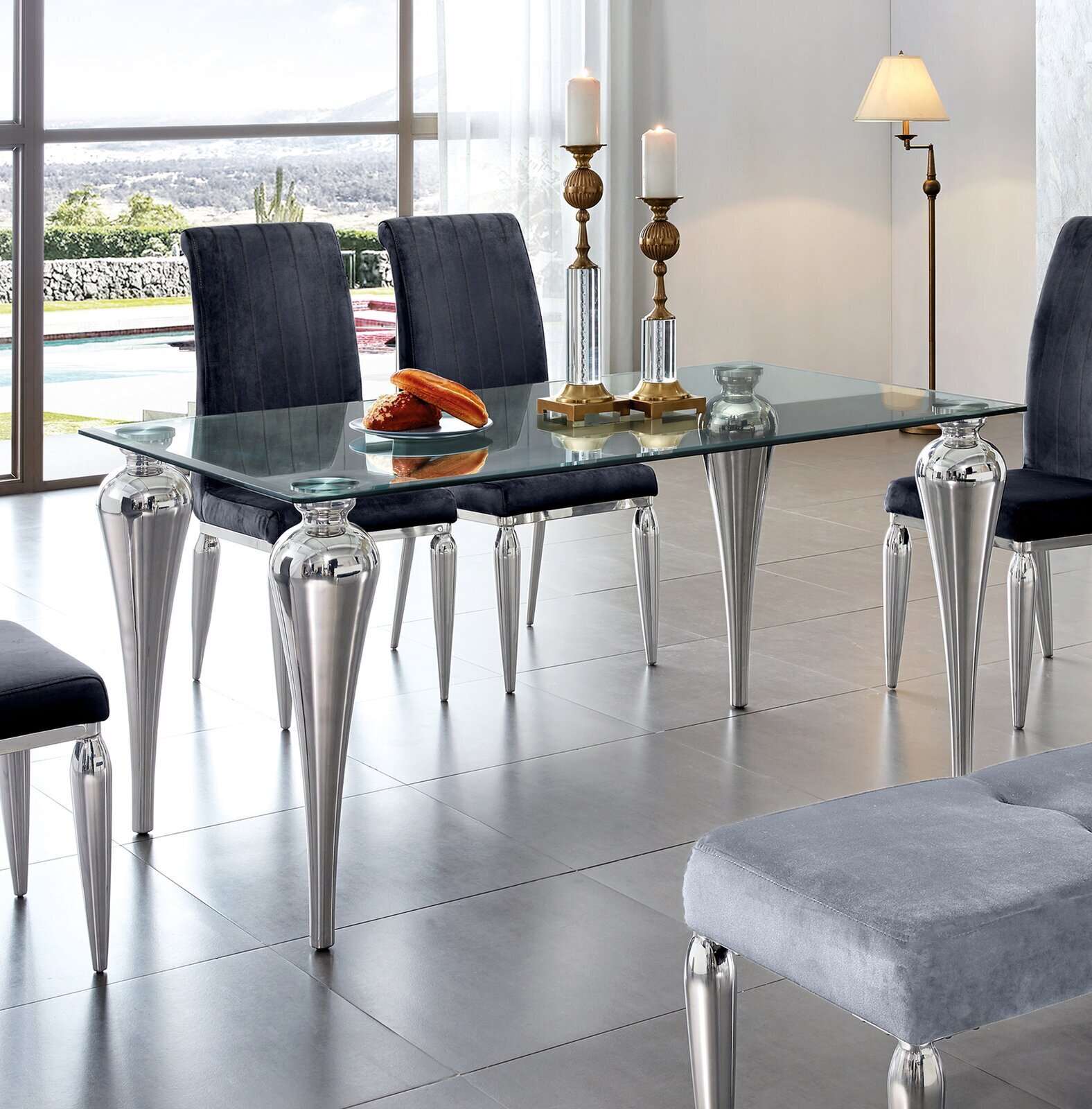Mirrored Metal Base Glass Top Dining Table